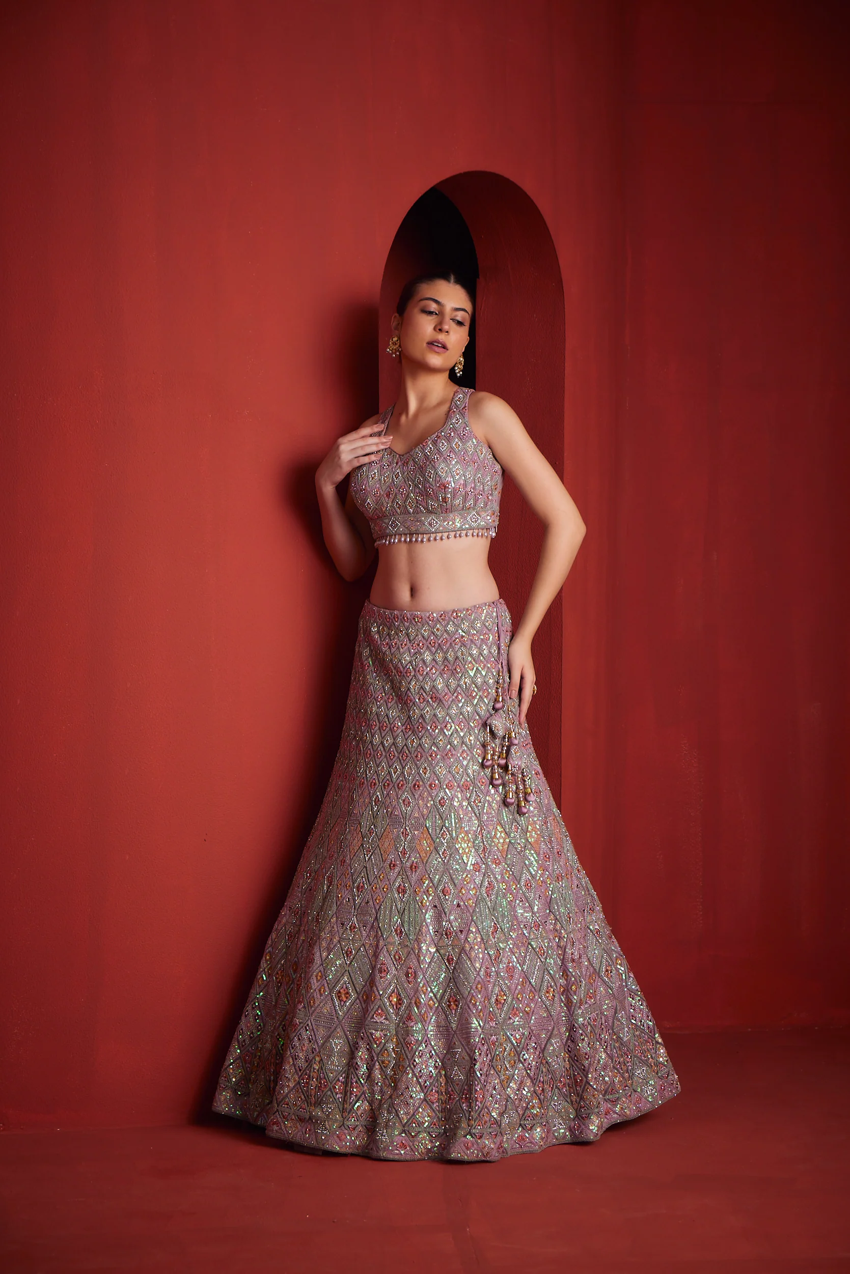 Neerus Womens Onion Color Nett Fabric Ghagra Set - Image 2