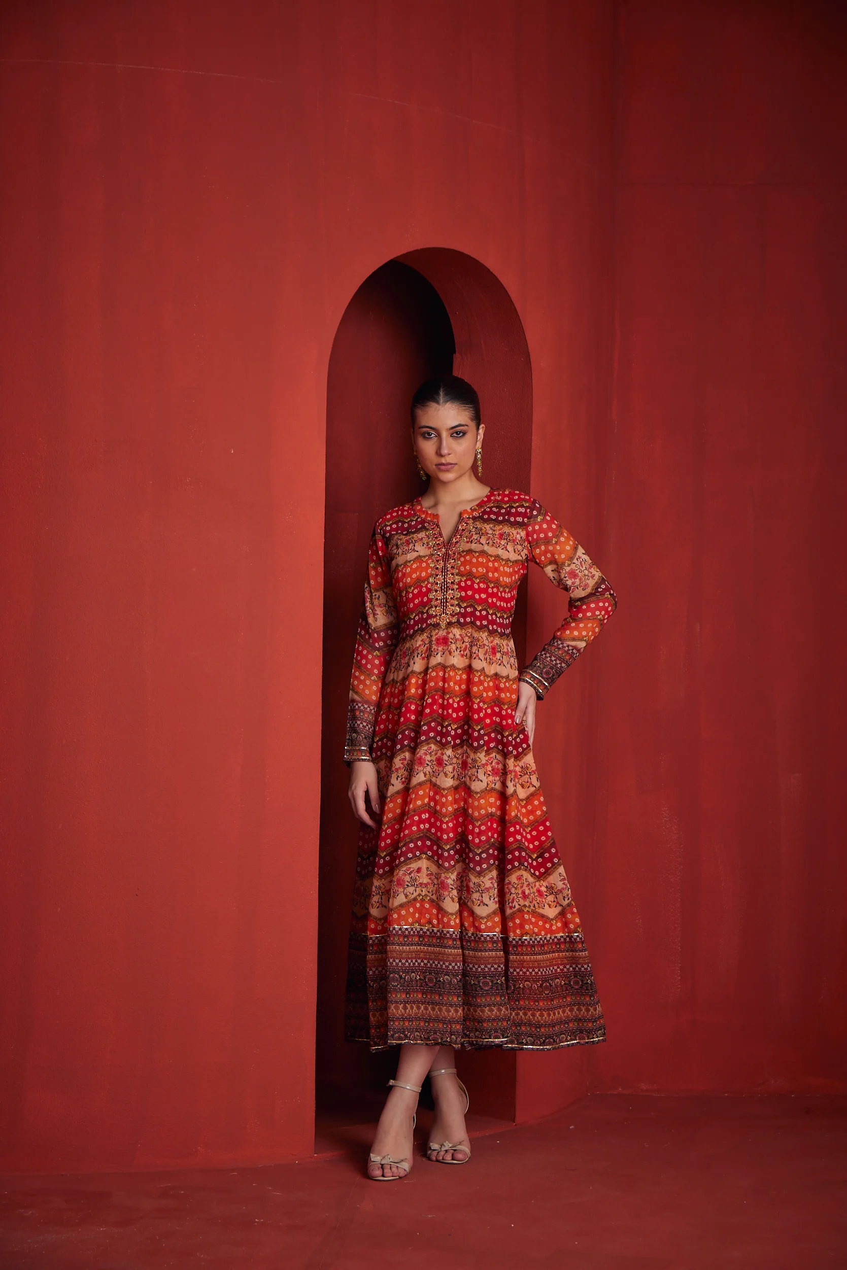 Neerus Womens Orange Color Georgette Fabric Dress