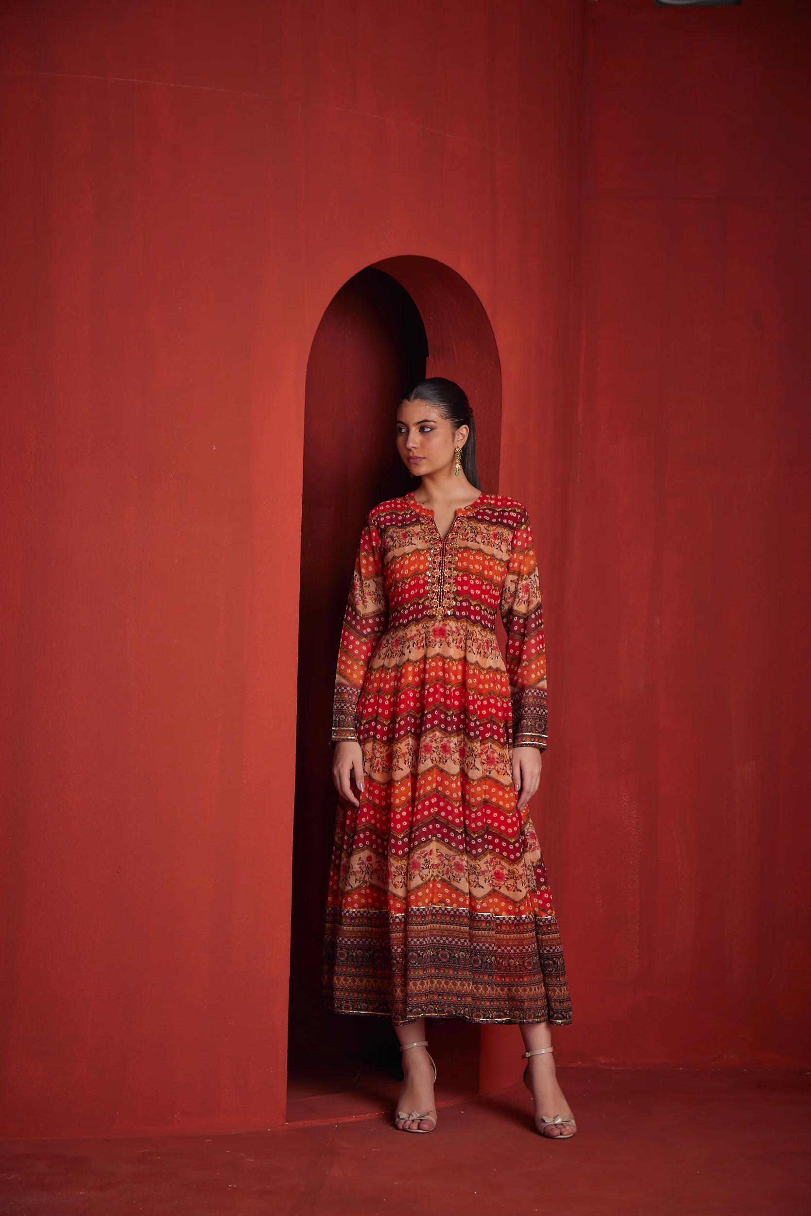 Neerus Womens Orange Color Georgette Fabric Dress - Image 2