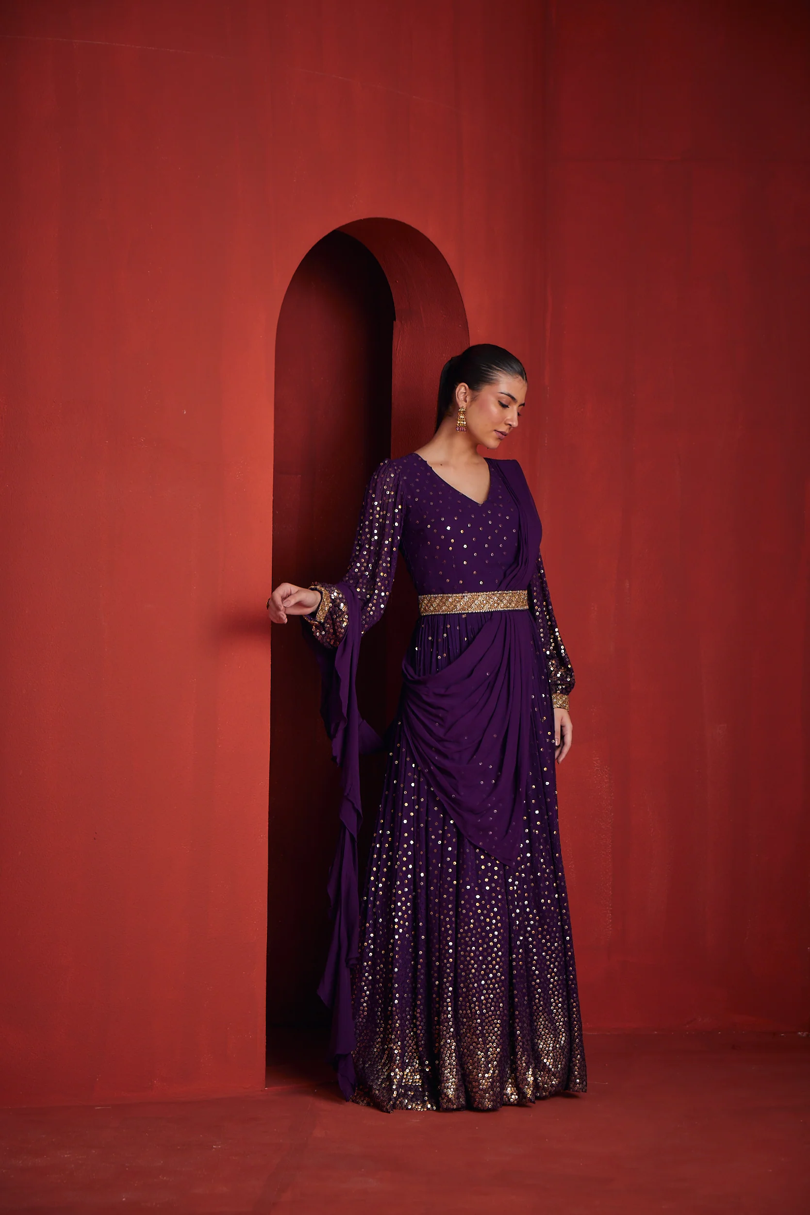 Neerus Womens Purple Color Georgette Fabric Dress - Image 4