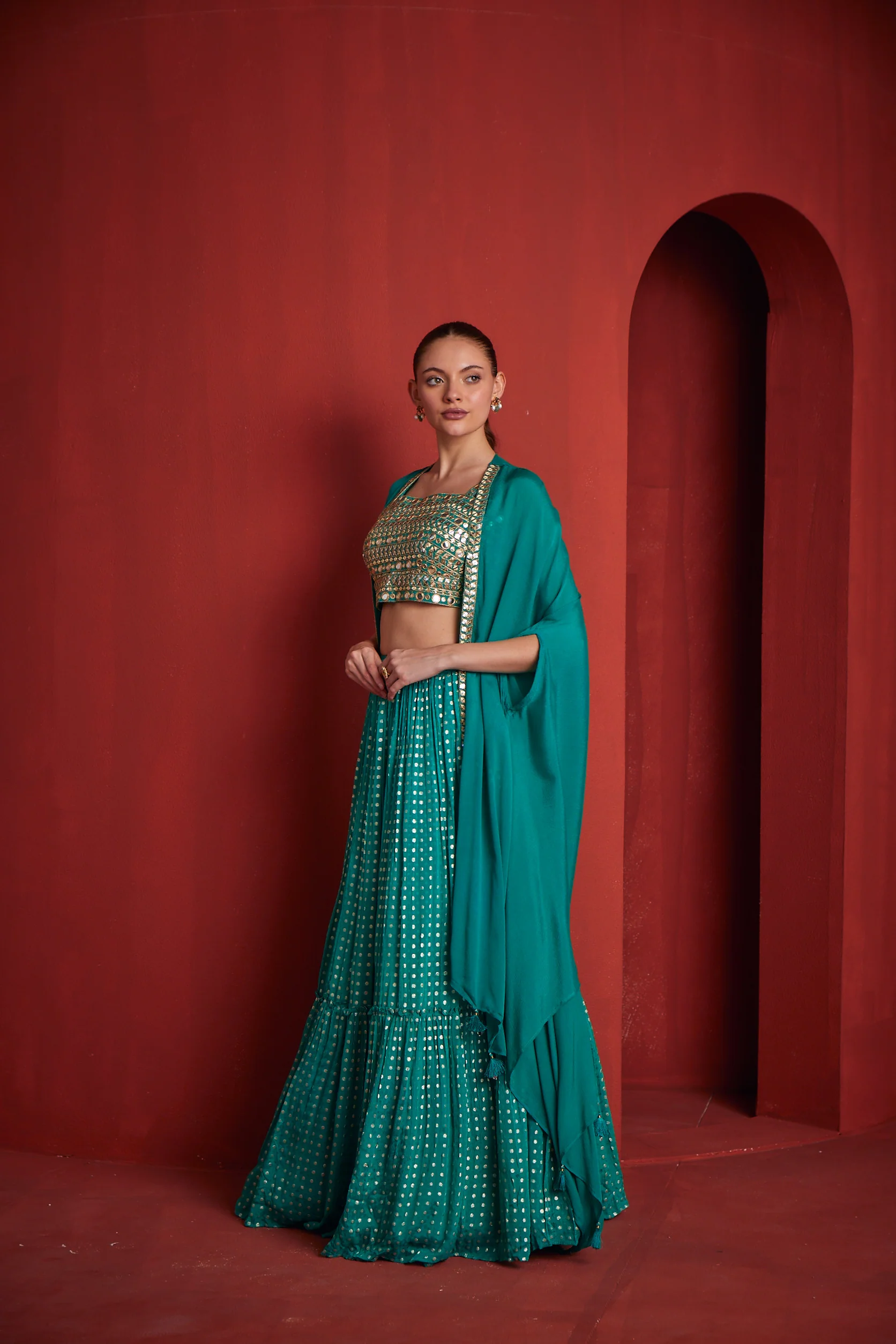 Neerus Womens Rama Color Banaras Fabric Ghagra Set - Image 3