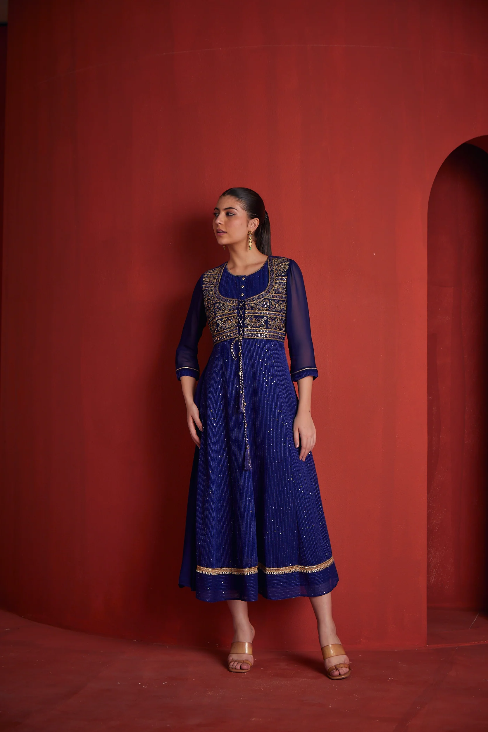 Neerus Womens Royal Blue Georgette Fabric Dress - Image 3