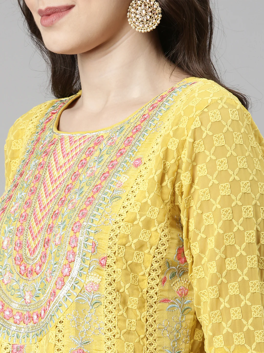 Neerus Yellow Casual  Anarkali Kurta and Trousers With Dupatta - Image 5