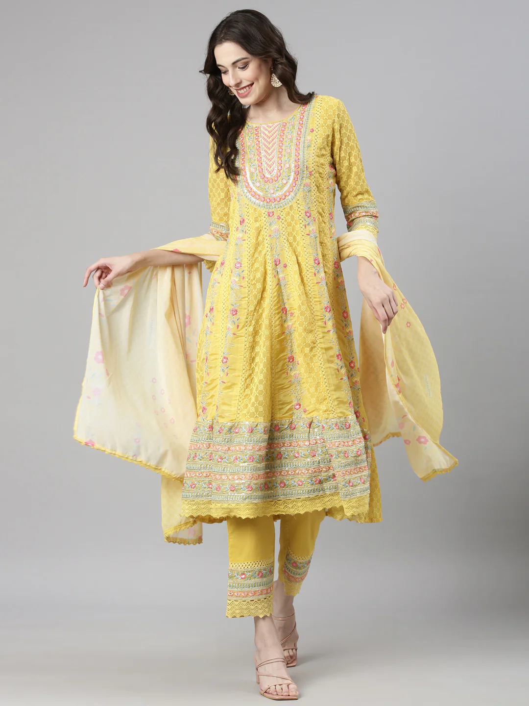 Neerus Yellow Casual  Anarkali Kurta and Trousers With Dupatta - Image 6