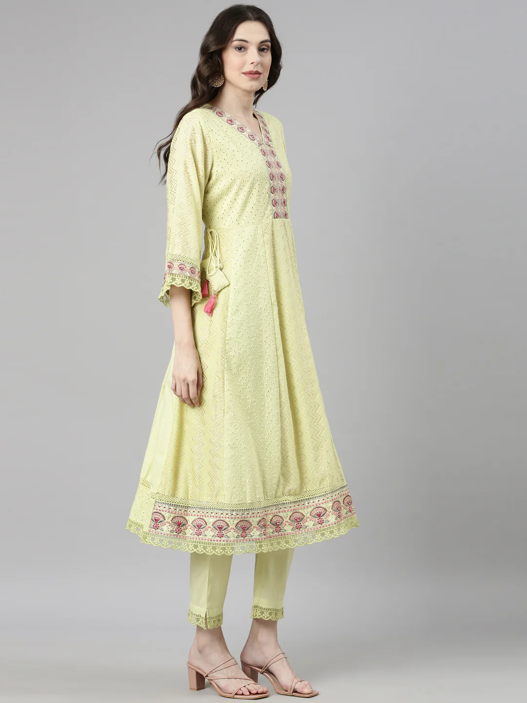 Neerus Yellow Casual Chevron Anarkali Kurta and Trousers With Dupatta - Image 3