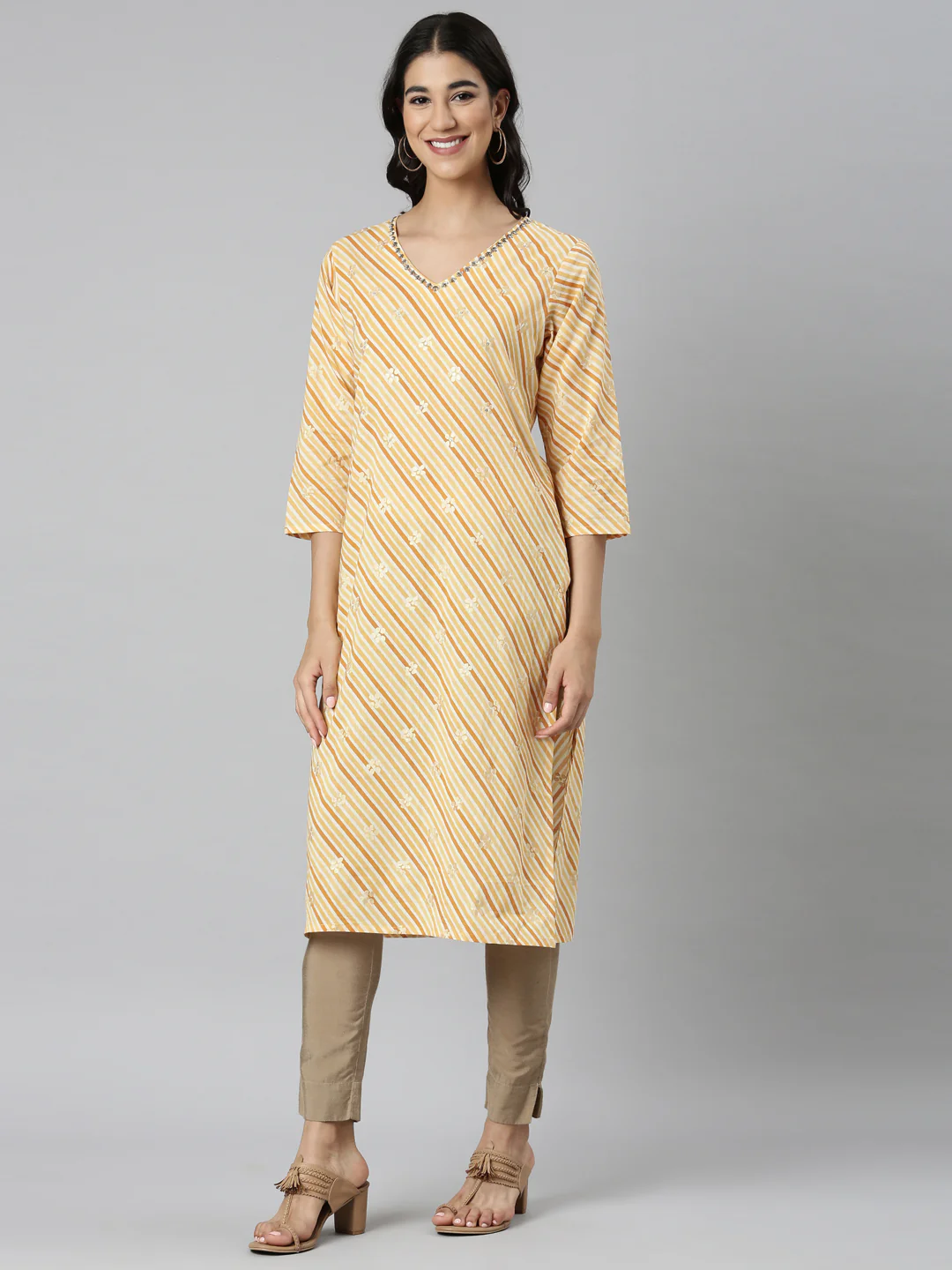 Neerus Yellow Casual Striped Straight Kurta - Image 2