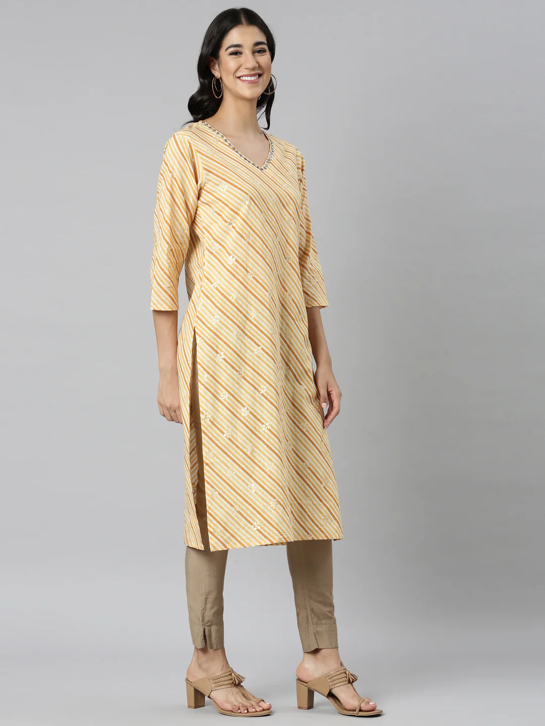 Neerus Yellow Casual Striped Straight Kurta - Image 3