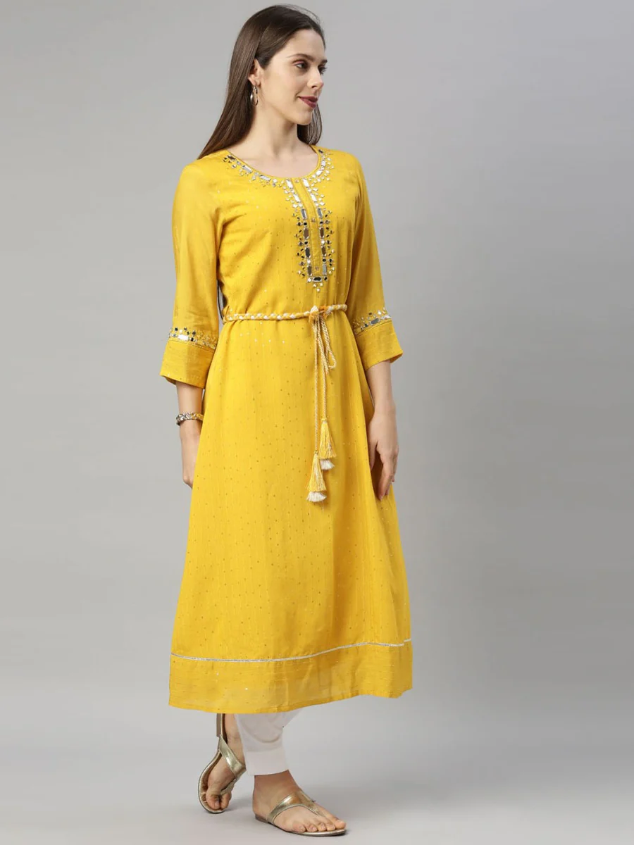 Neerus Yellow Color Chanderi Fabric Tunic - Image 5
