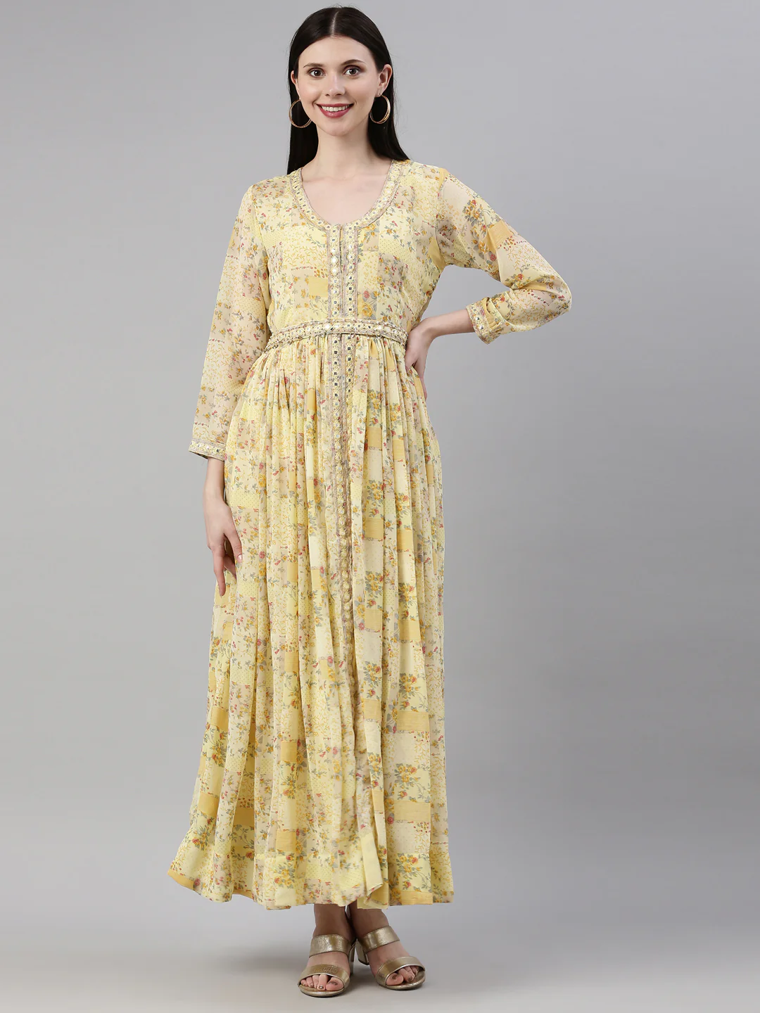 Neerus Yellow Color Georgette Fabric Gown