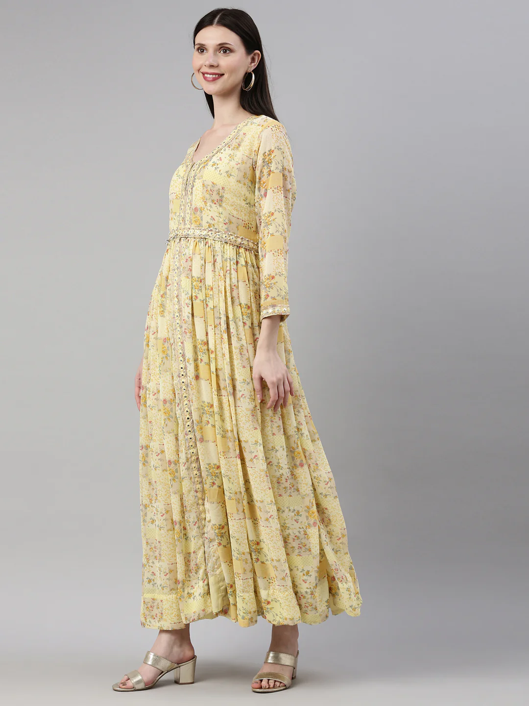 Neerus Yellow Color Georgette Fabric Gown - Image 3