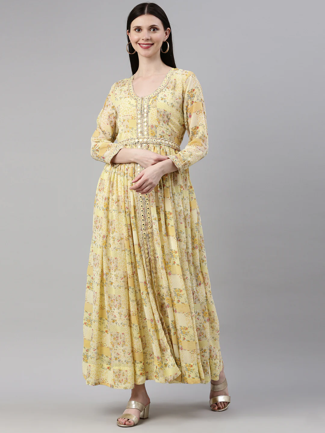 Neerus Yellow Color Georgette Fabric Gown - Image 6