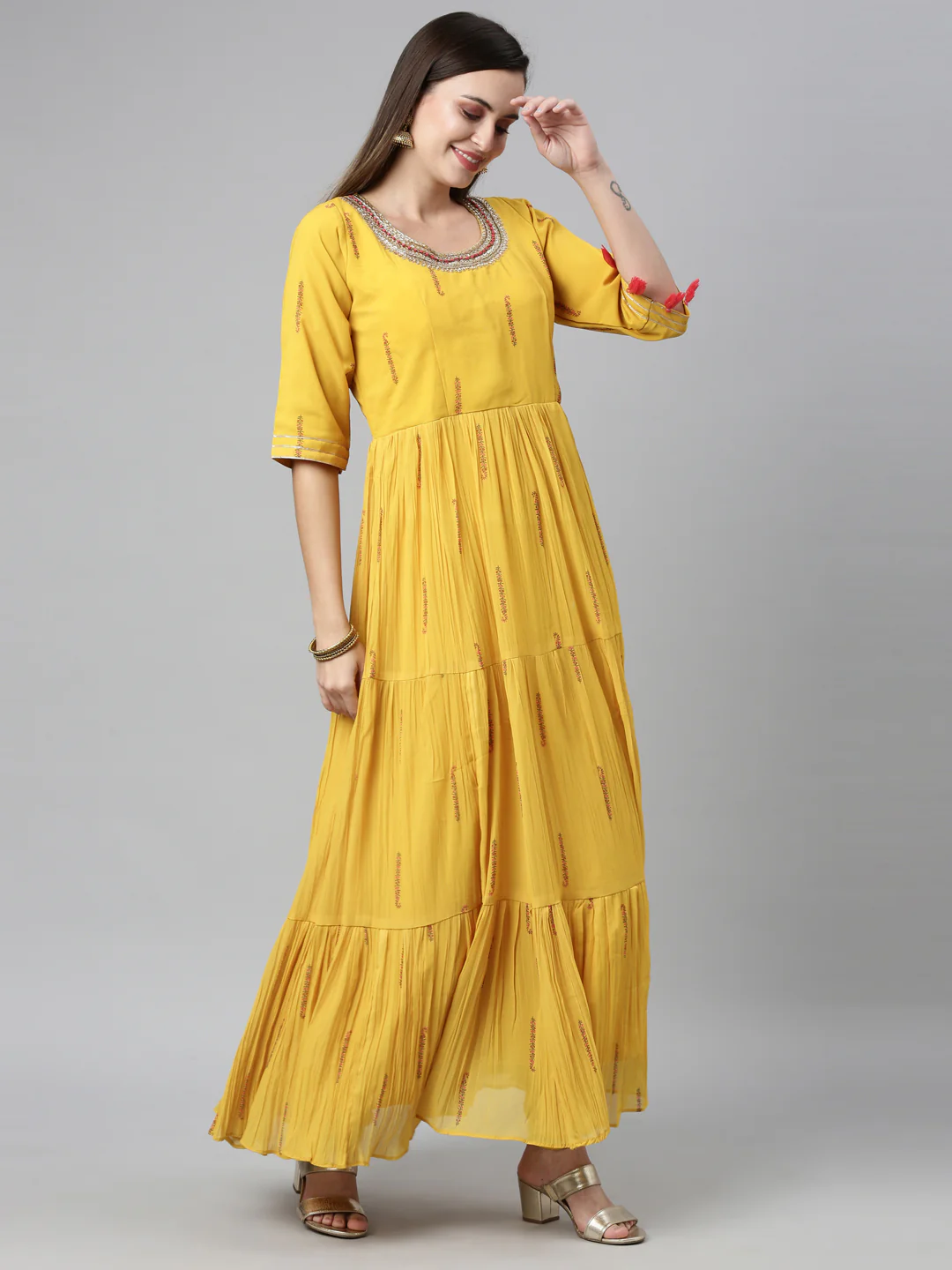 Neerus Yellow Color Poly Georgette Fabric Kurta Sets With Dupatta - Image 2