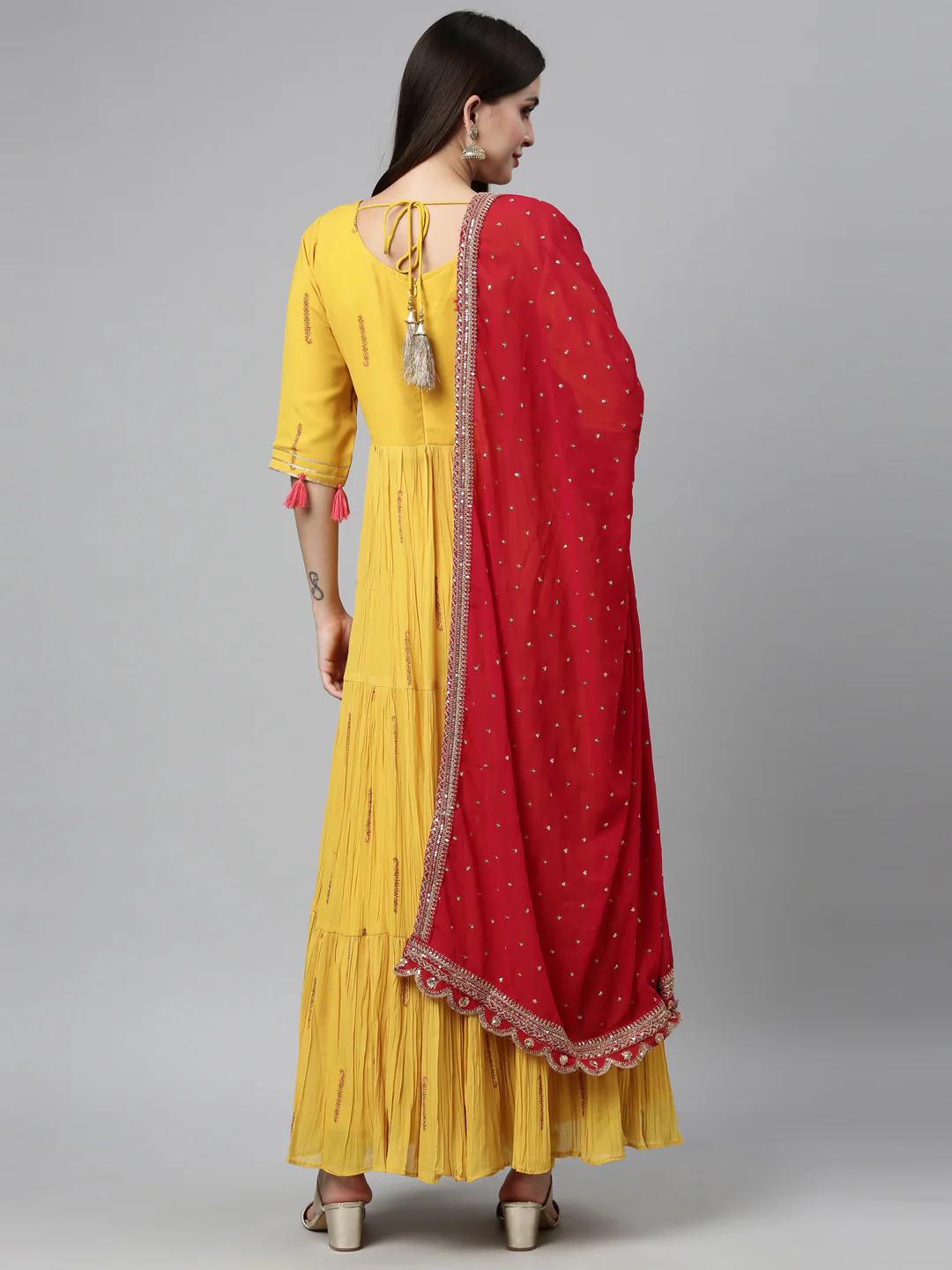 Neerus Yellow Color Poly Georgette Fabric Kurta Sets With Dupatta - Image 3