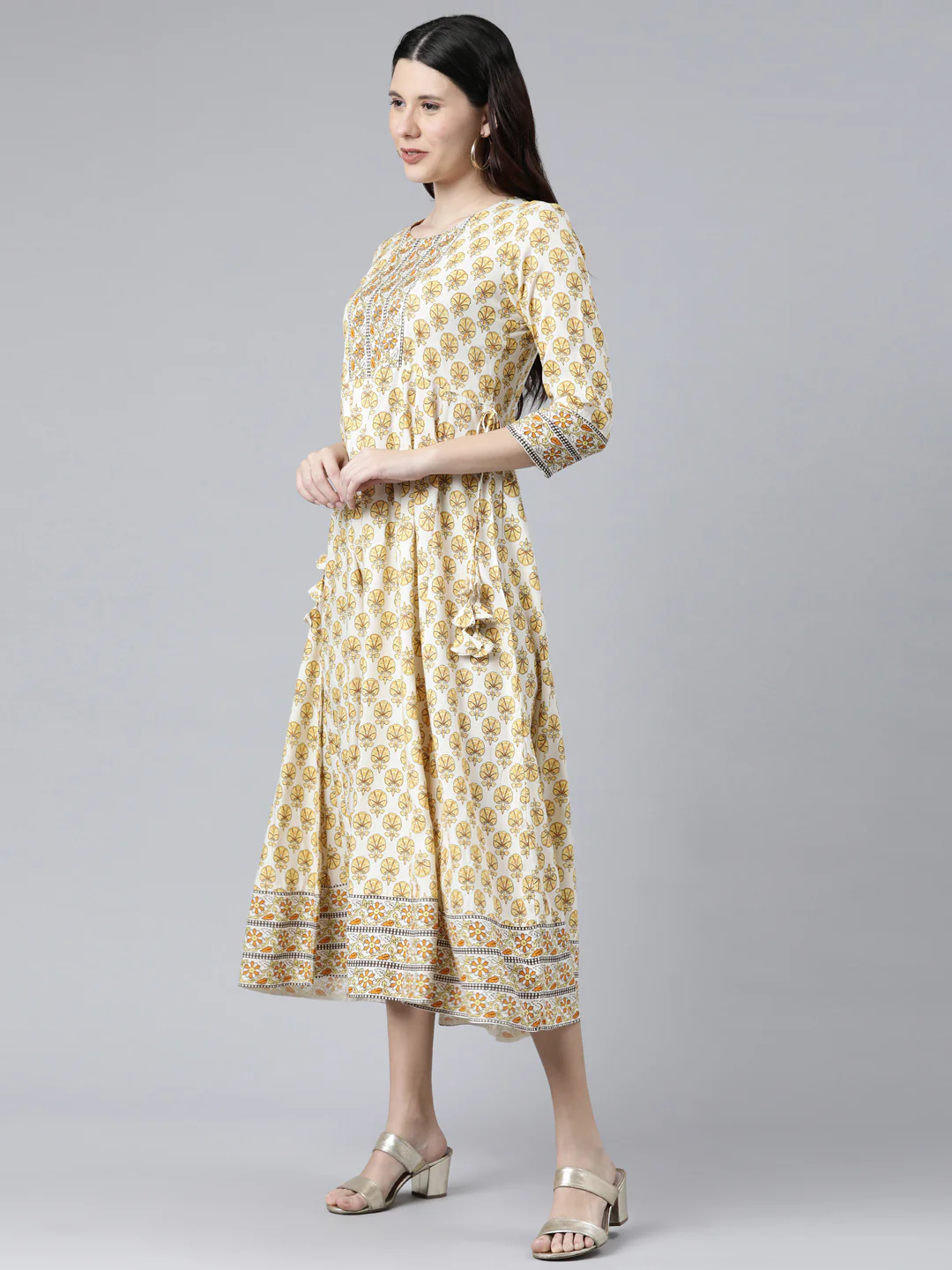 Neerus Yellow Color Rayon Fabric Floral Dress - Image 2