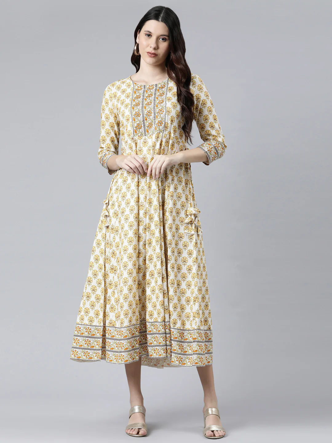 Neerus Yellow Color Rayon Fabric Floral Dress - Image 5