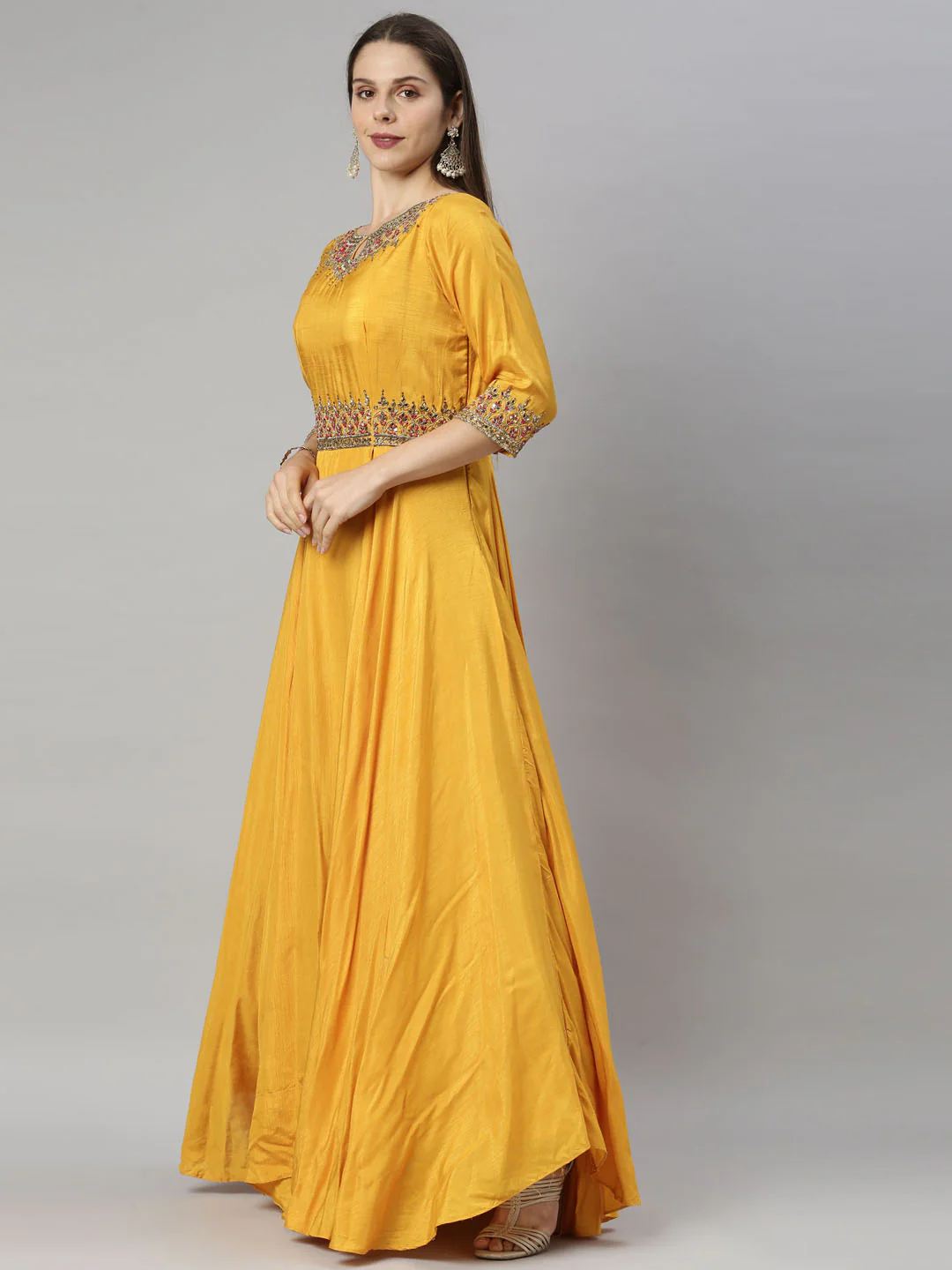 Neerus Yellow Color Silk Fabric Suit-Anarkali - Image 3