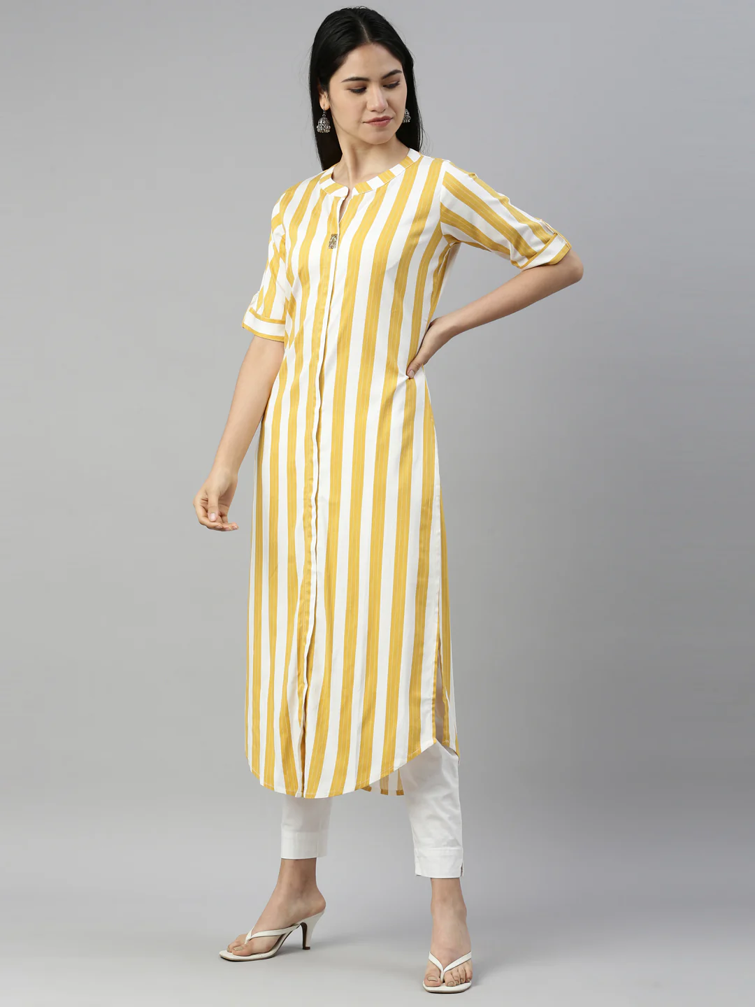 Neerus Yellow Color Slub Rayon Fabric Kurta - Image 2