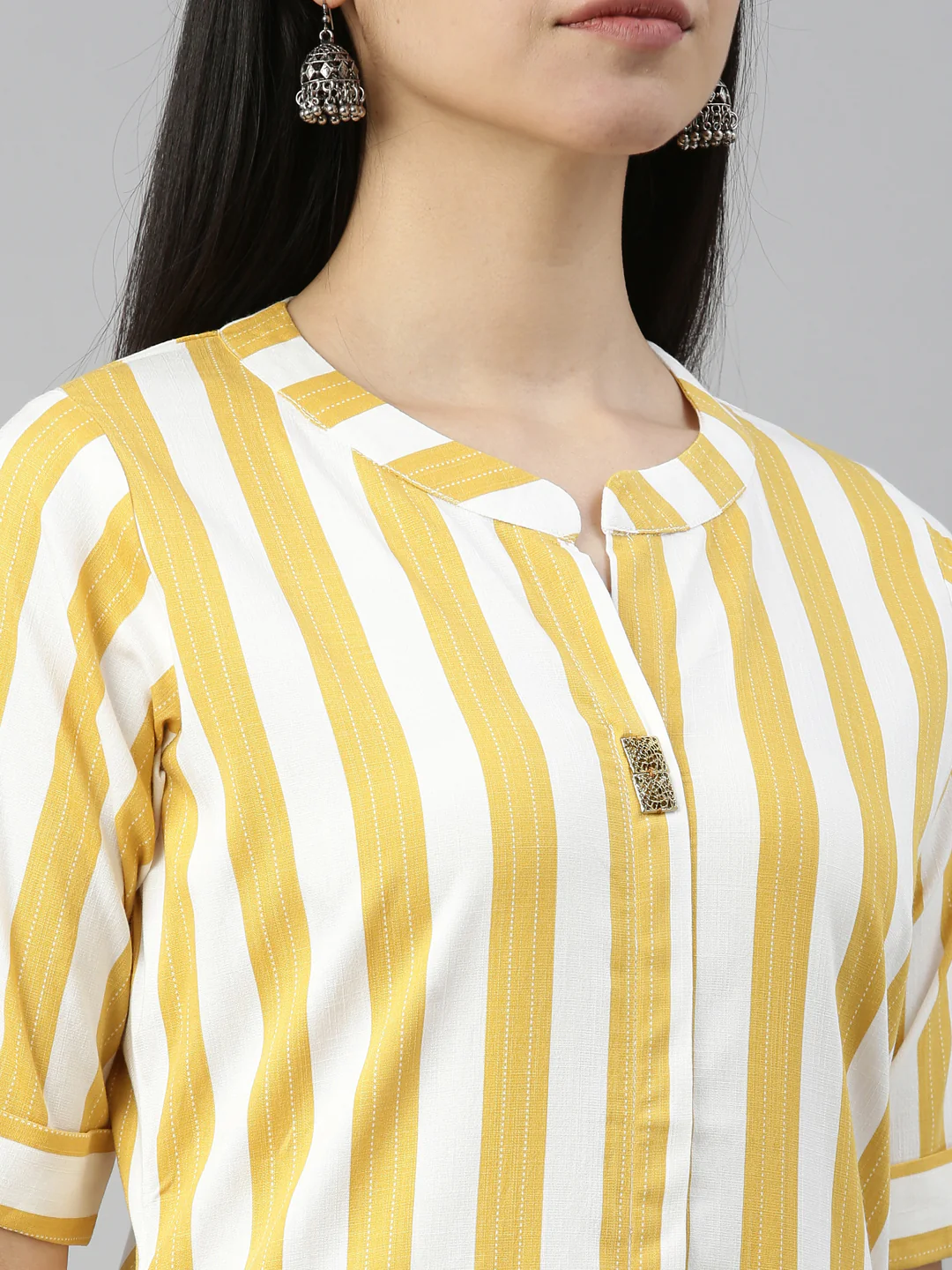 Neerus Yellow Color Slub Rayon Fabric Kurta - Image 6