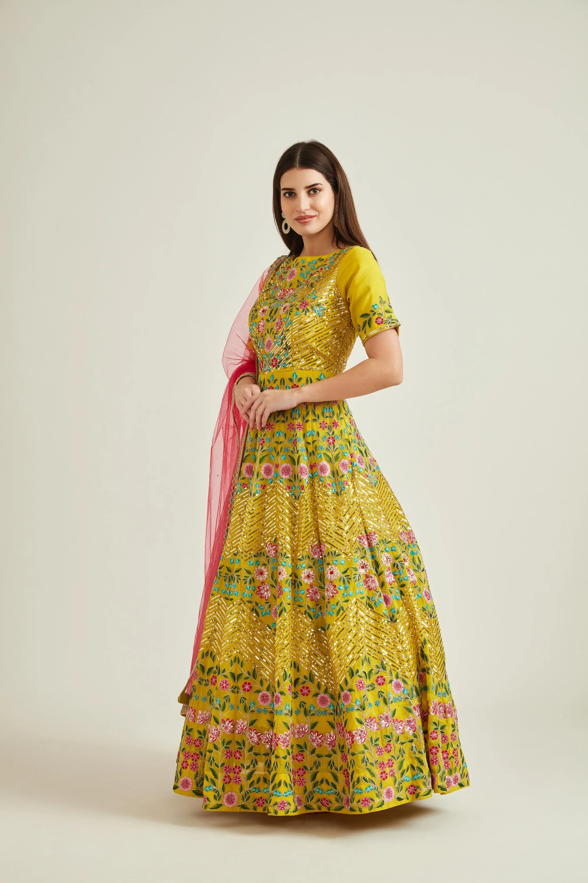 Neerus Yellow Colour Organza Fabric Prdd - Image 4