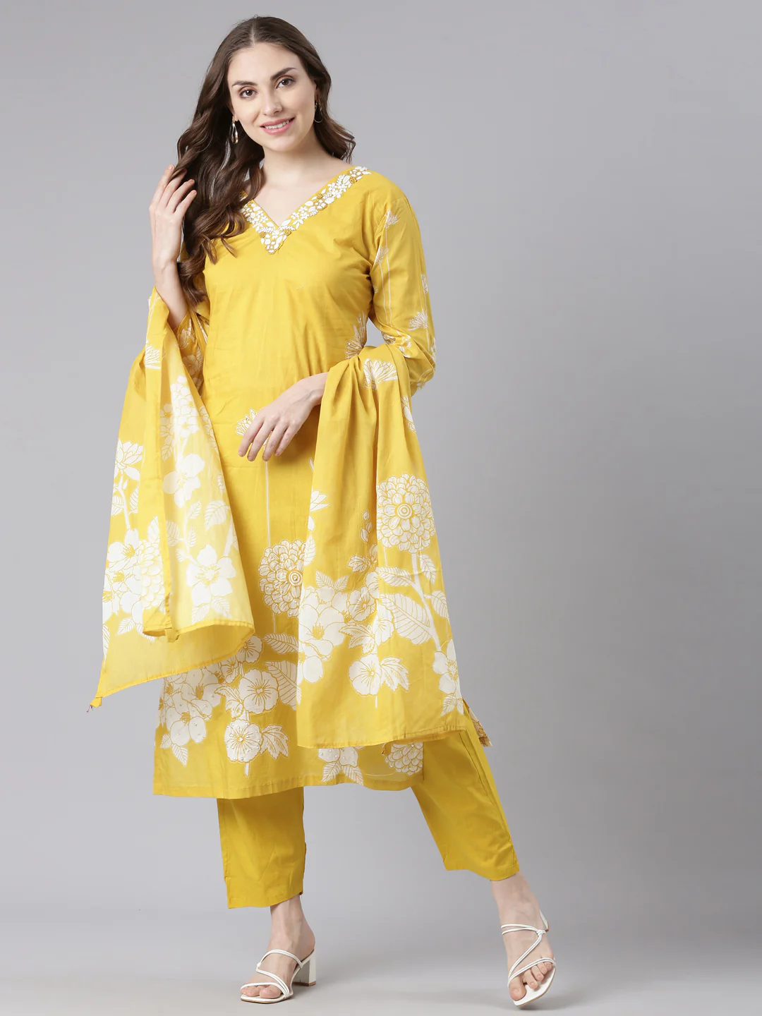 Neerus Yellow Cotton Straight Casual Floral Kurta and Trouser with Dupatta - Image 6