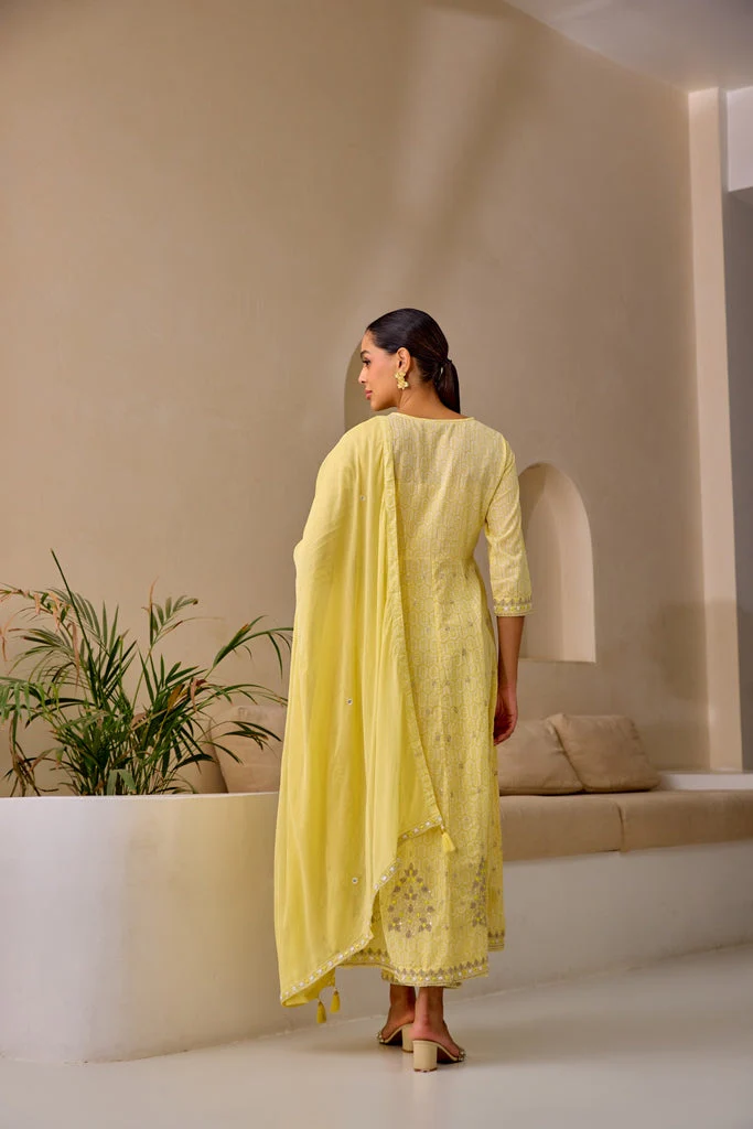 Neerus Yellow Curved Sequence Work Kurta And Trousers With Dupatta - Image 4