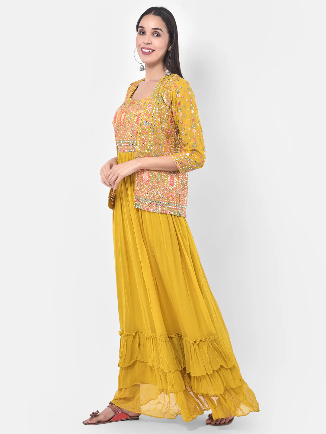 Neerus Yellow Embellished Flared Kurta With Shrug - Image 2