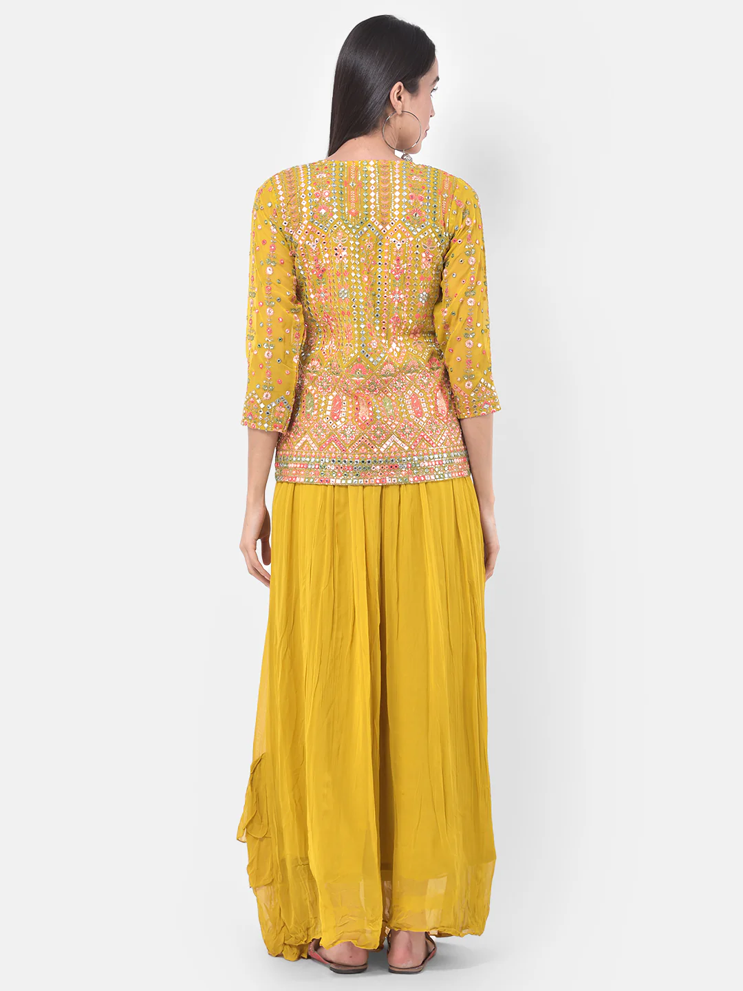 Neerus Yellow Embellished Flared Kurta With Shrug - Image 3