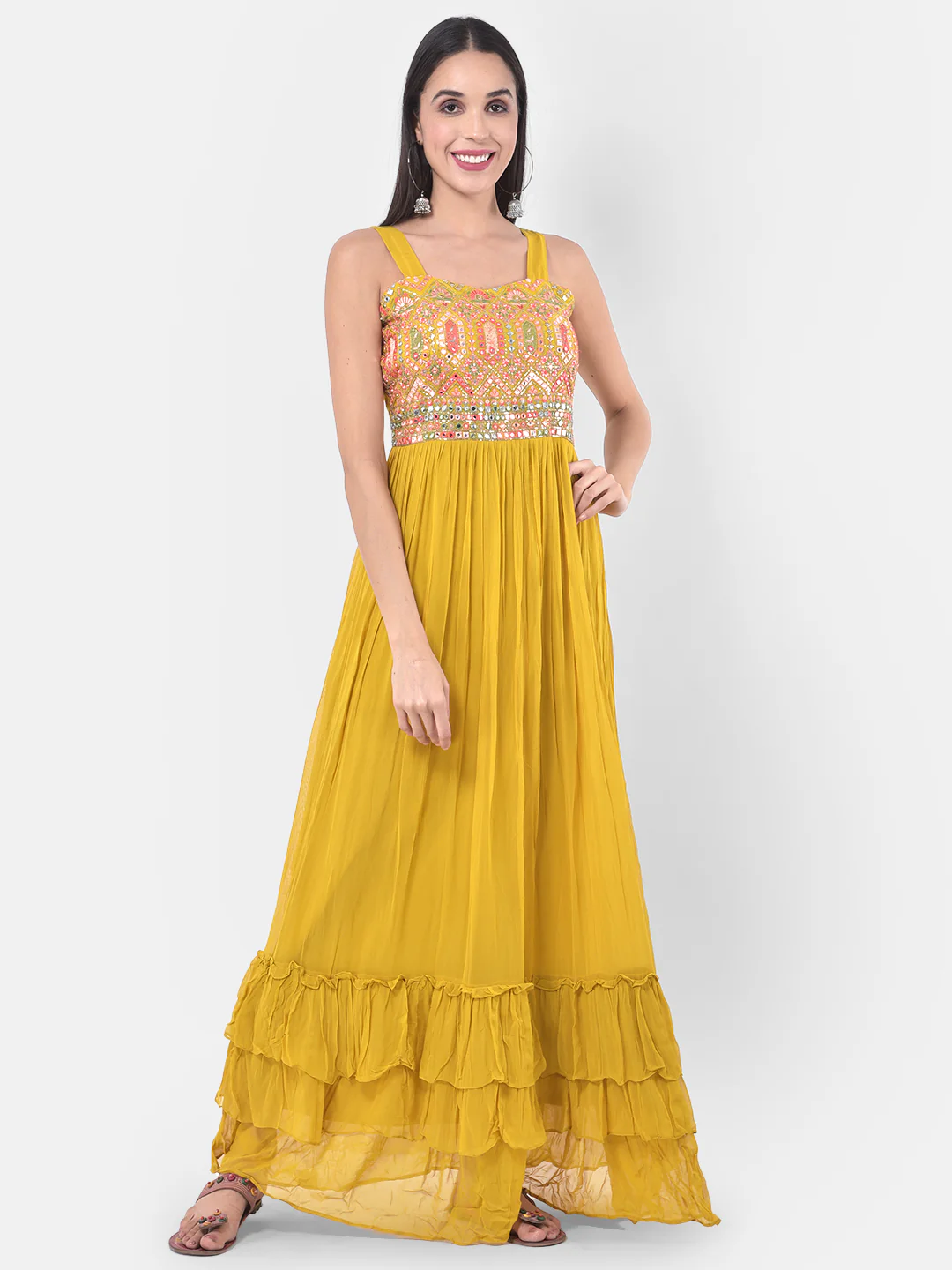 Neerus Yellow Embellished Flared Kurta With Shrug - Image 5