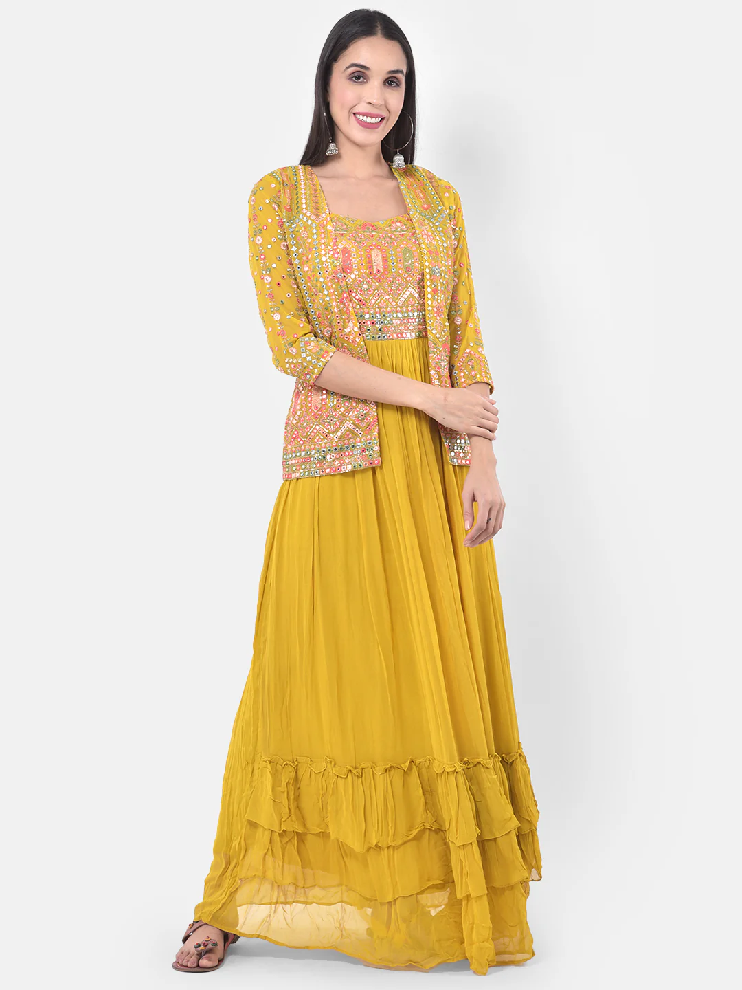 Neerus Yellow Embellished Flared Kurta With Shrug - Image 6