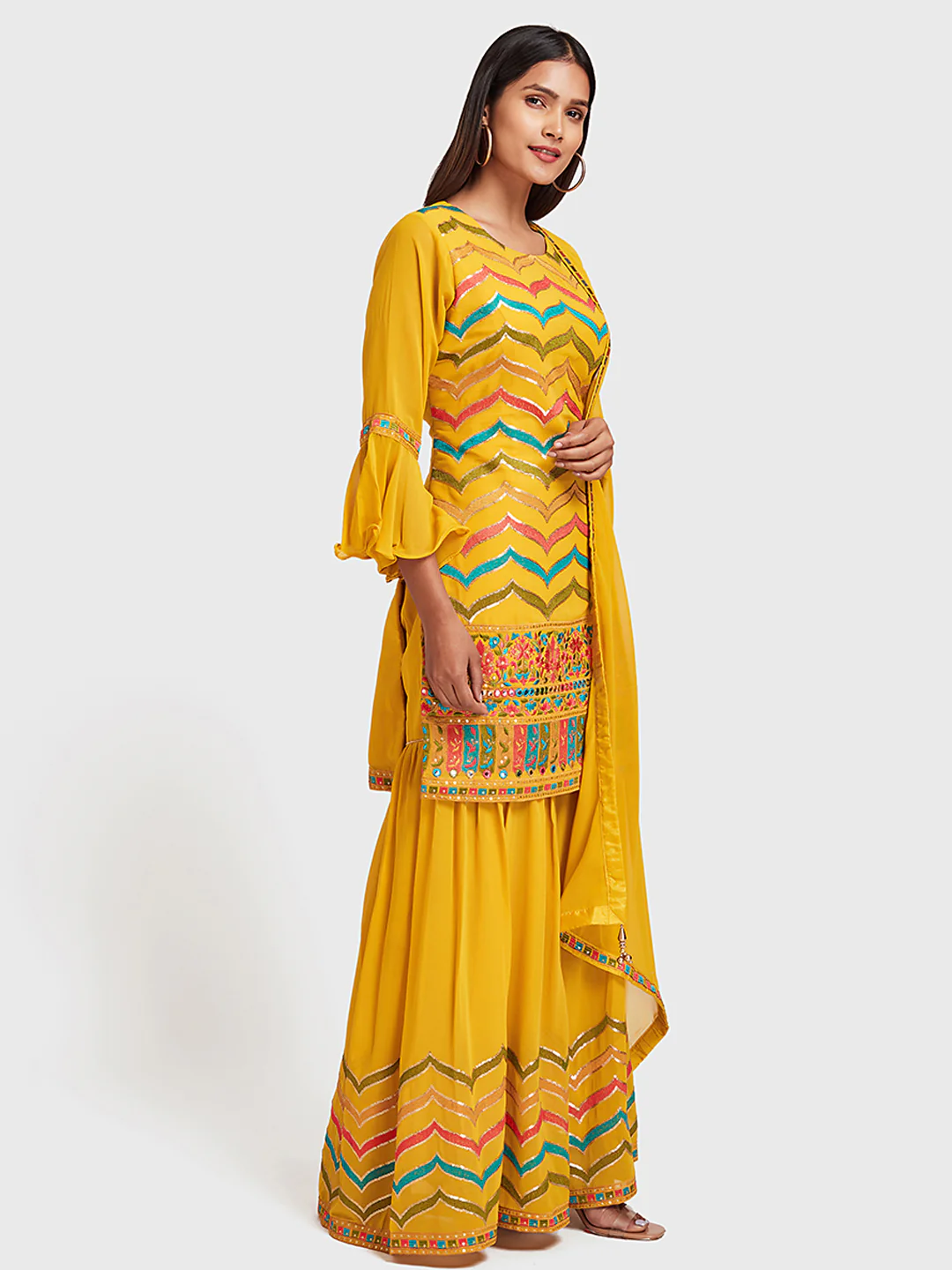 Neerus Yellow Embellished Kurta With Sharara & Dupatta - Image 2