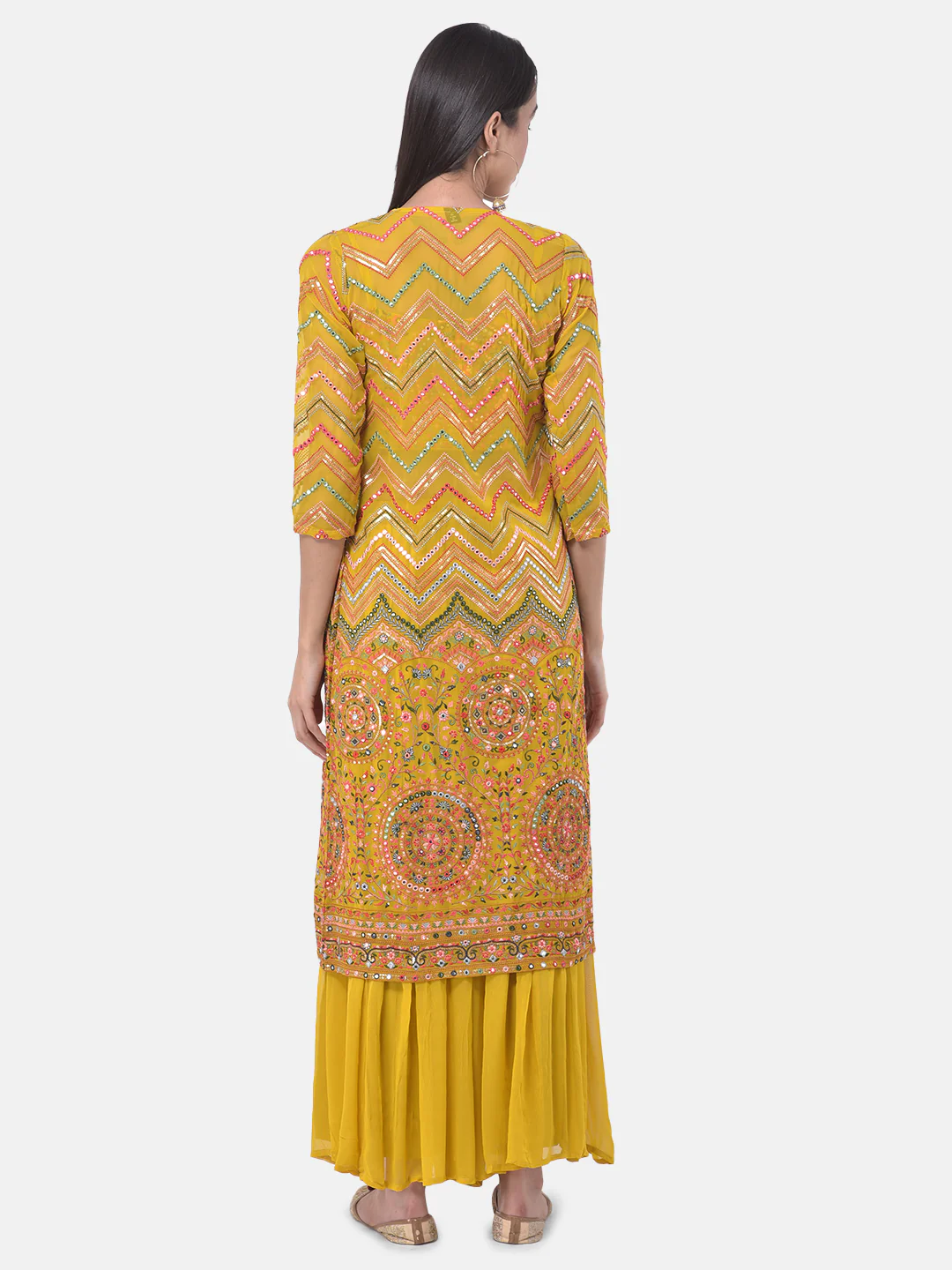 Neerus Yellow Embellished Top & Palazzo Set With Shrug - Image 5
