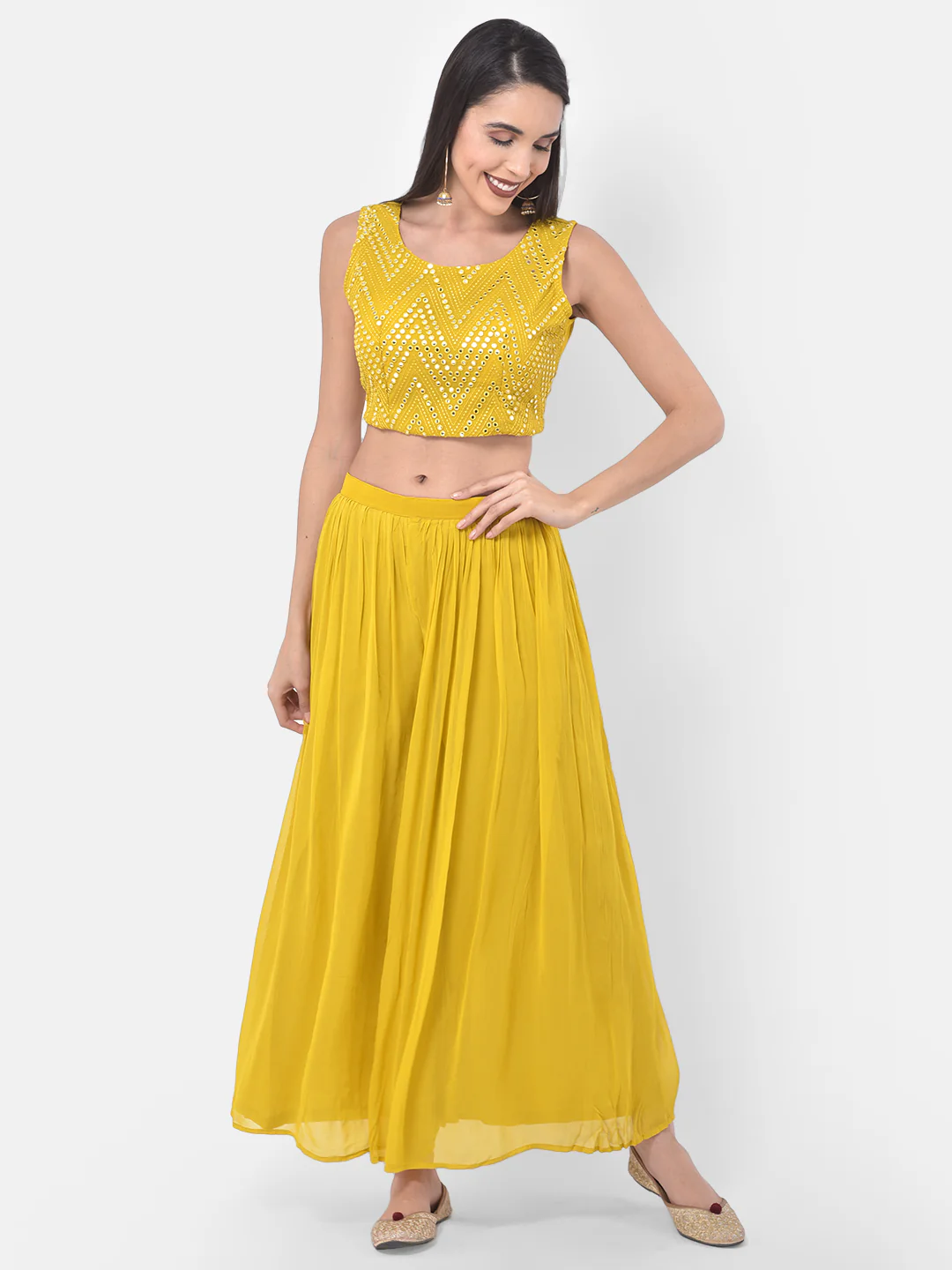 Neerus Yellow Embellished Top & Skirt Set With Shrug - Image 6