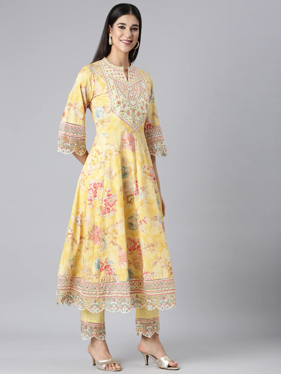Neerus Yellow Embroidered Anarkali Kurta and Trousers With Dupatta - Image 2