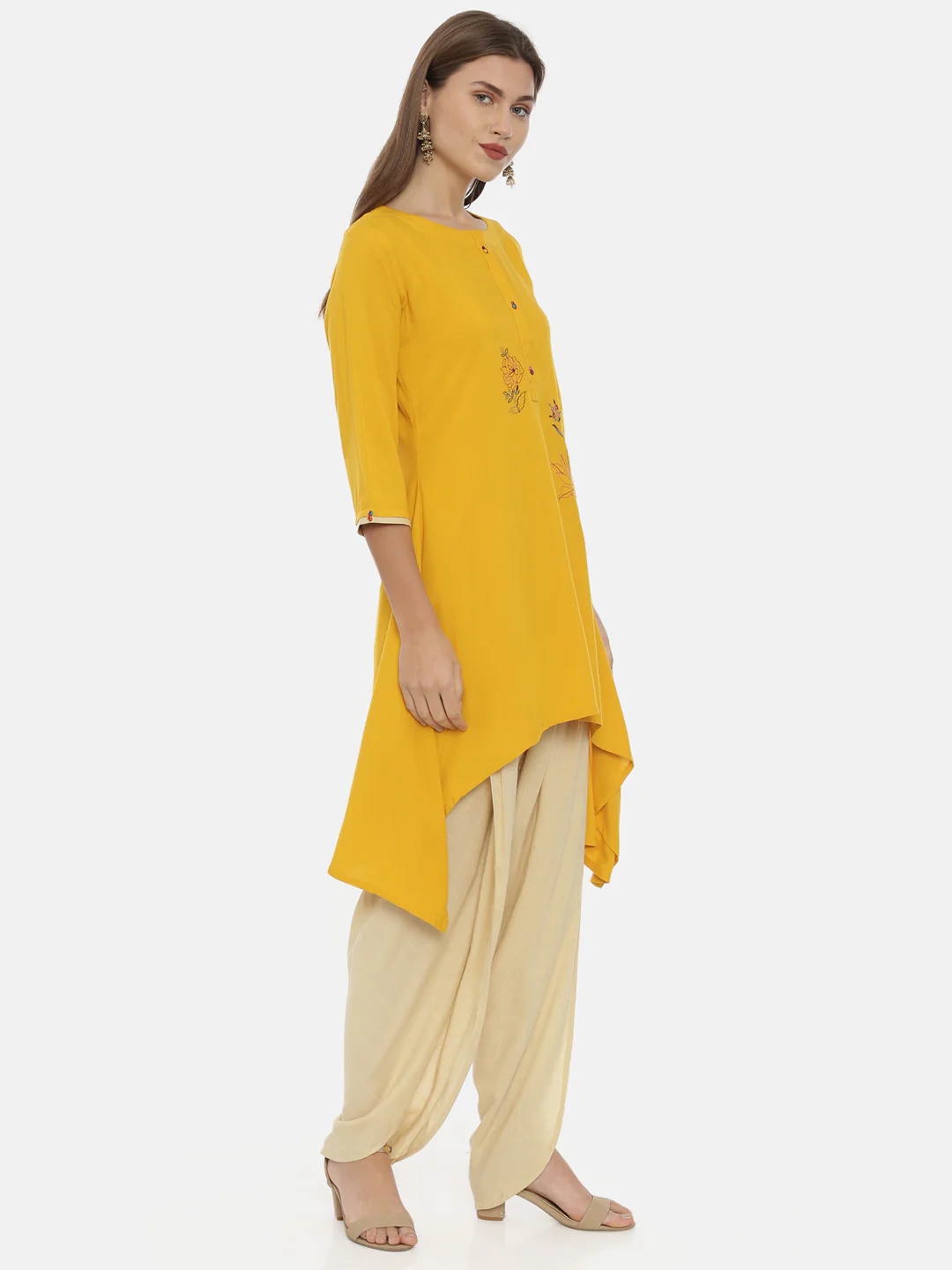 Neerus Yellow Embroidered High Low Kurta - Image 4