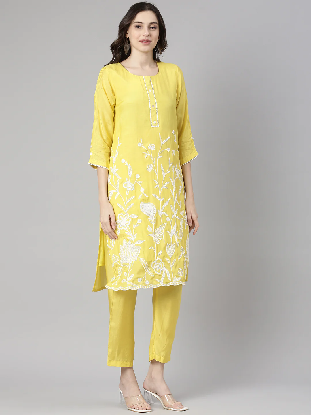 Neerus Yellow Embroidered Straight Kurta and Trousers - Image 2