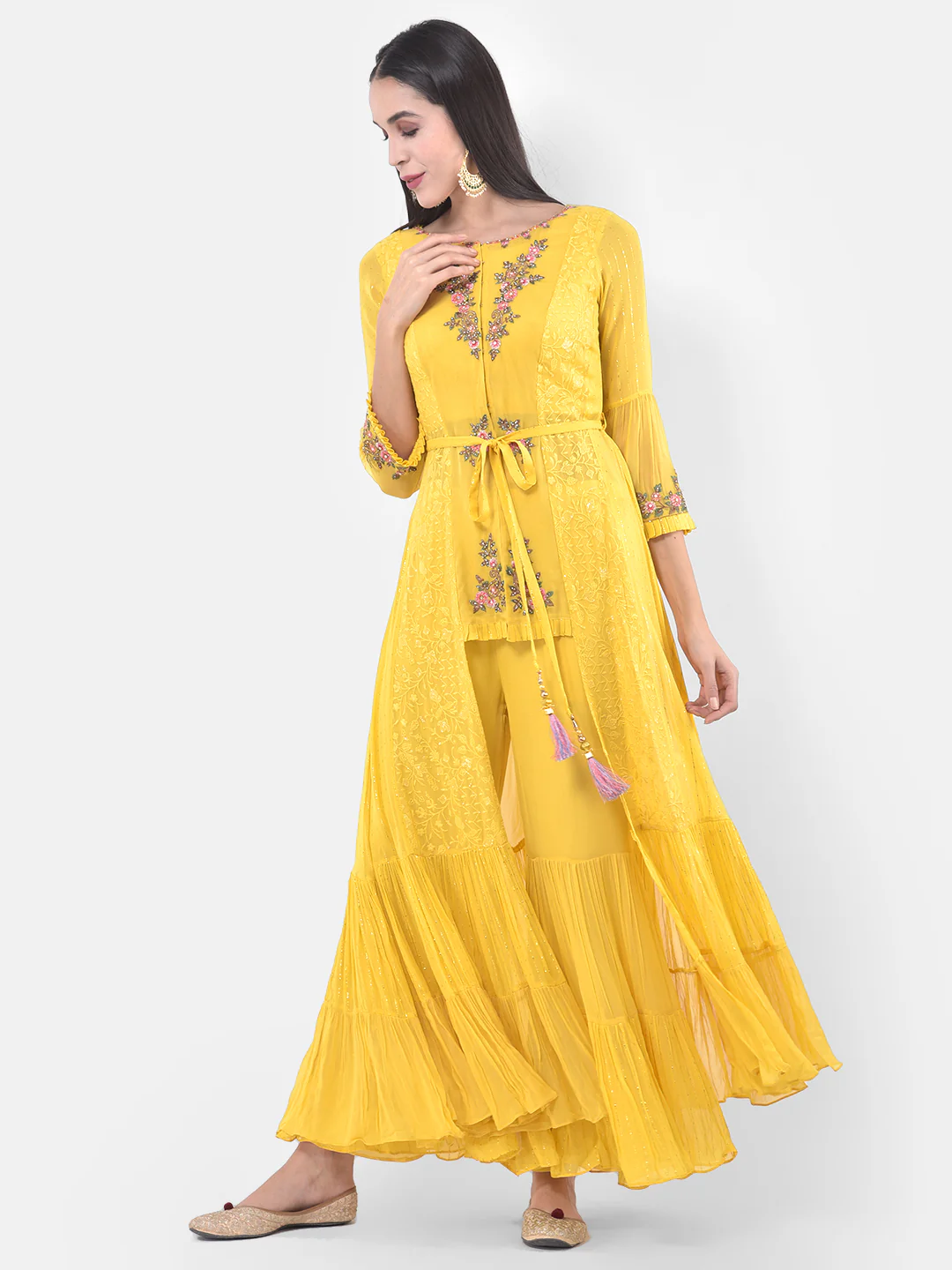 Neerus Yellow Embroidered Top & Sharara Set With Jacket - Image 3