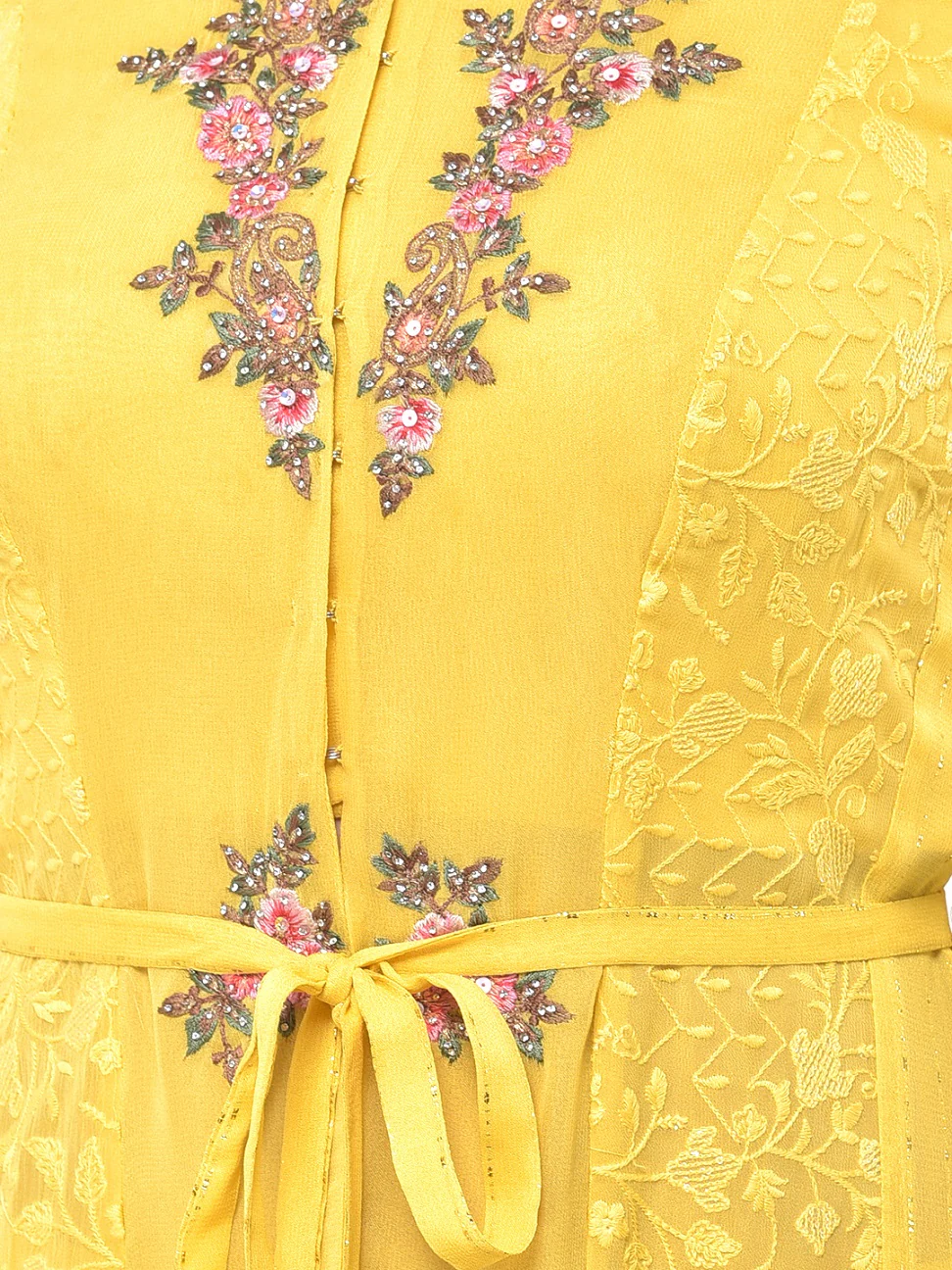 Neerus Yellow Embroidered Top & Sharara Set With Jacket - Image 4