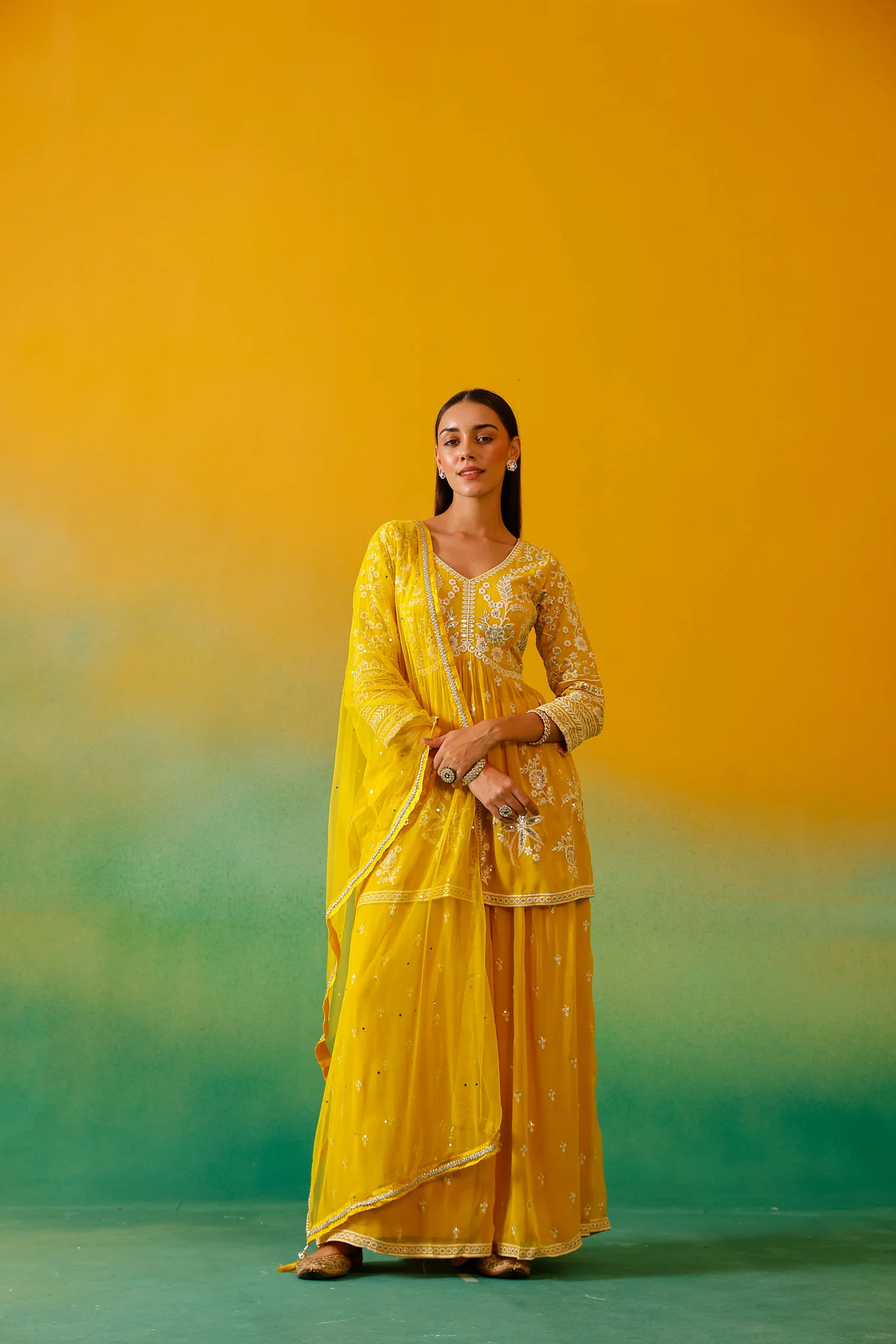 Neerus Yellow Embroidery Georgette Fabric Suit Set. - Image 6