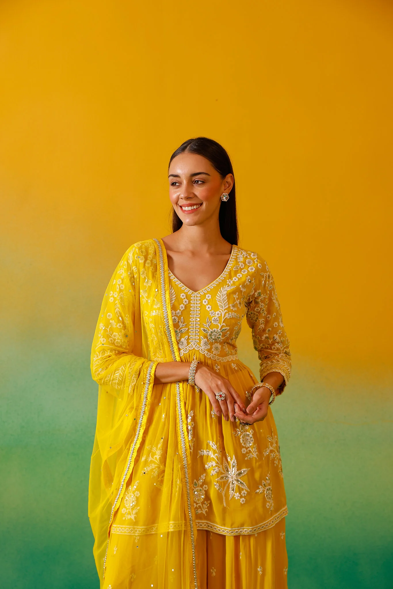 Neerus Yellow Embroidery Georgette Fabric Suit Set. - Image 8