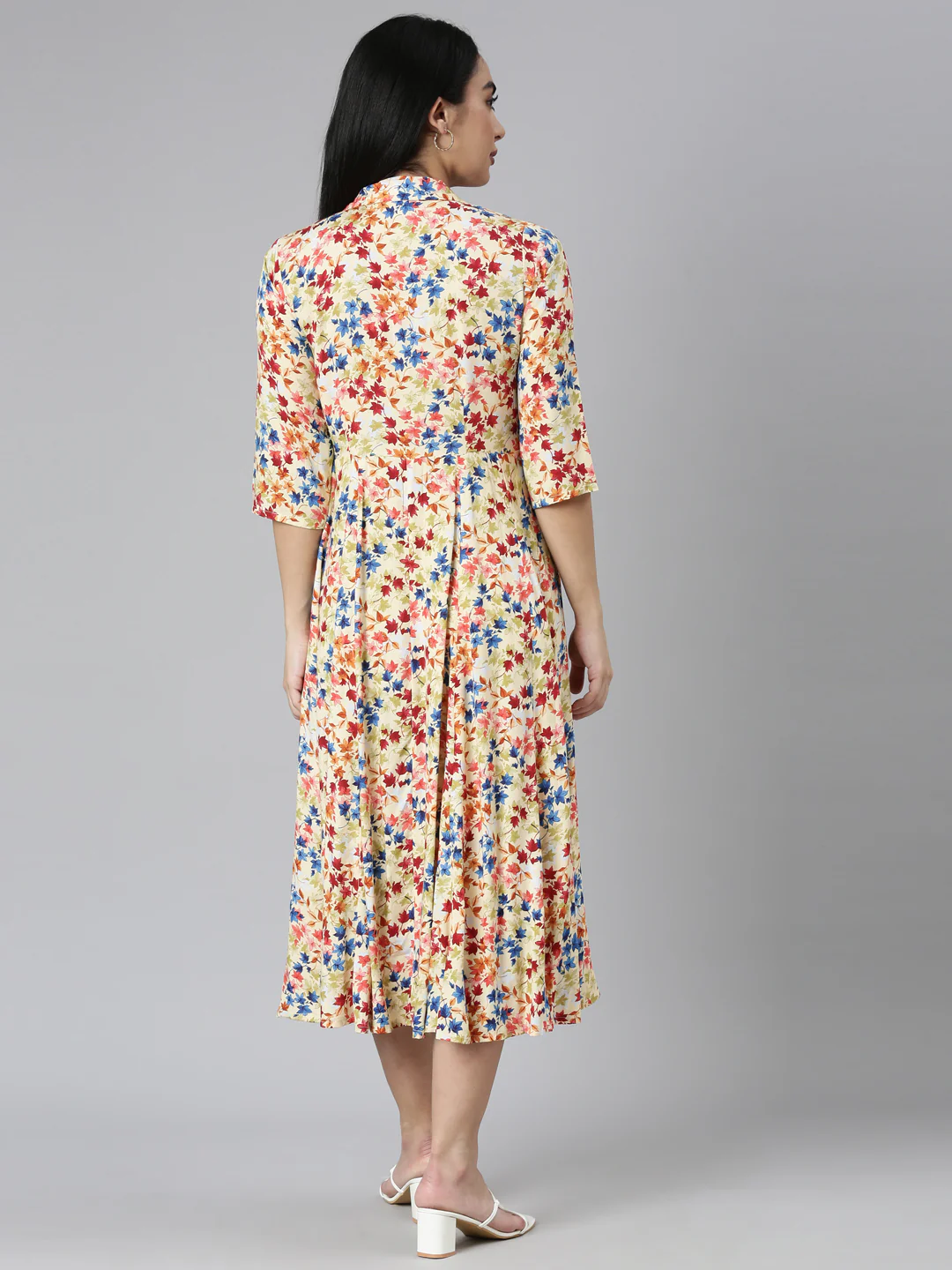 Neerus Yellow Flared Casual Floral Fit and Flare Dresses - Image 3