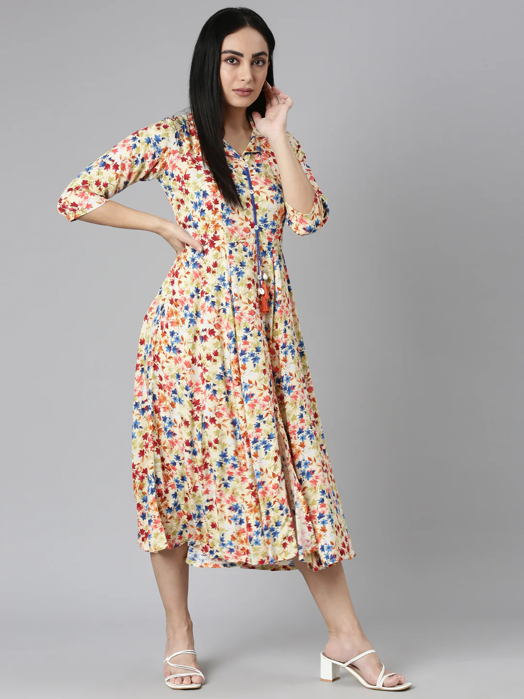 Neerus Yellow Flared Casual Floral Fit and Flare Dresses - Image 5