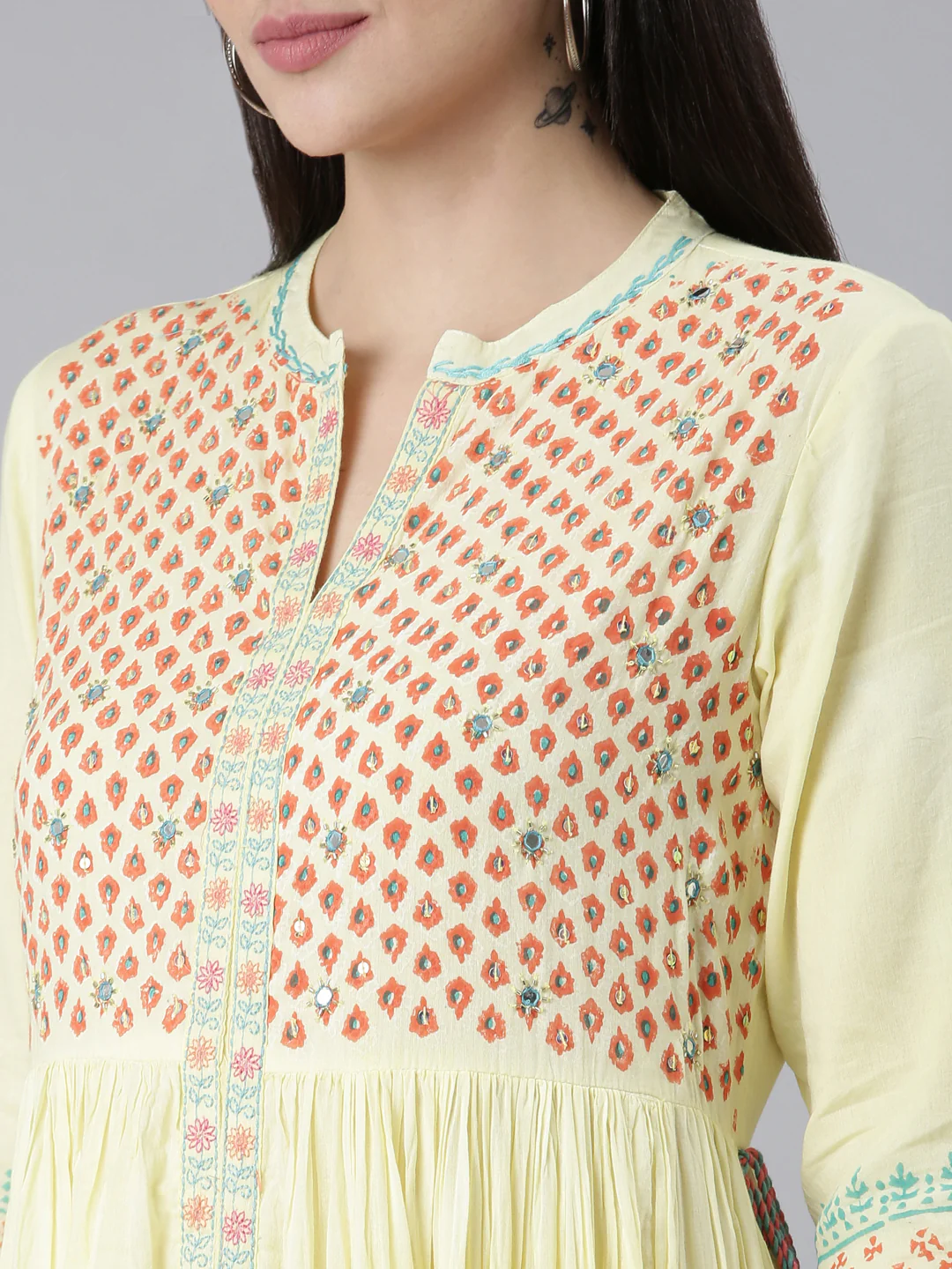 Neerus Yellow Flared Casual Printed Dress - Image 4