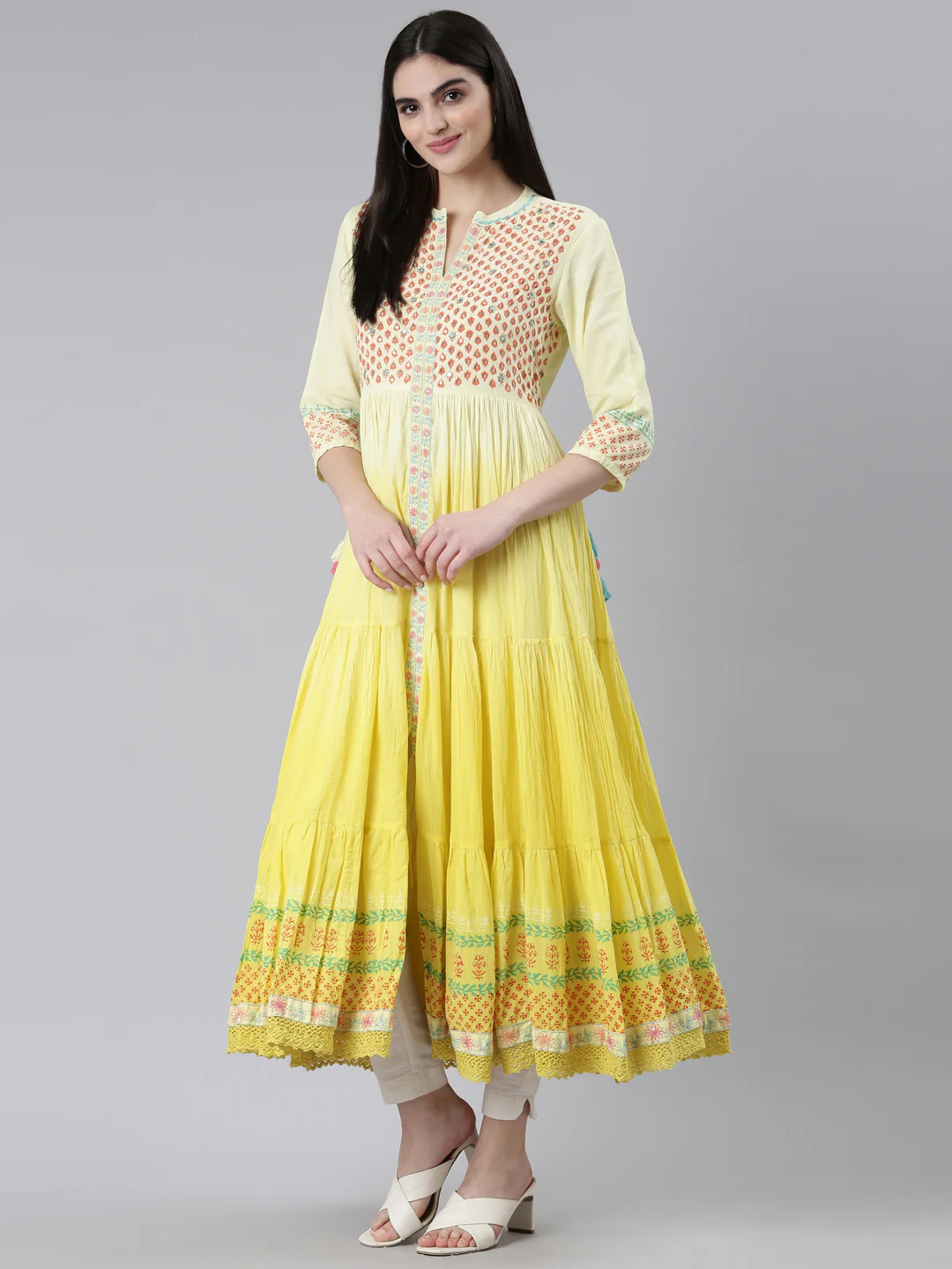 Neerus Yellow Flared Casual Printed Dress - Image 5