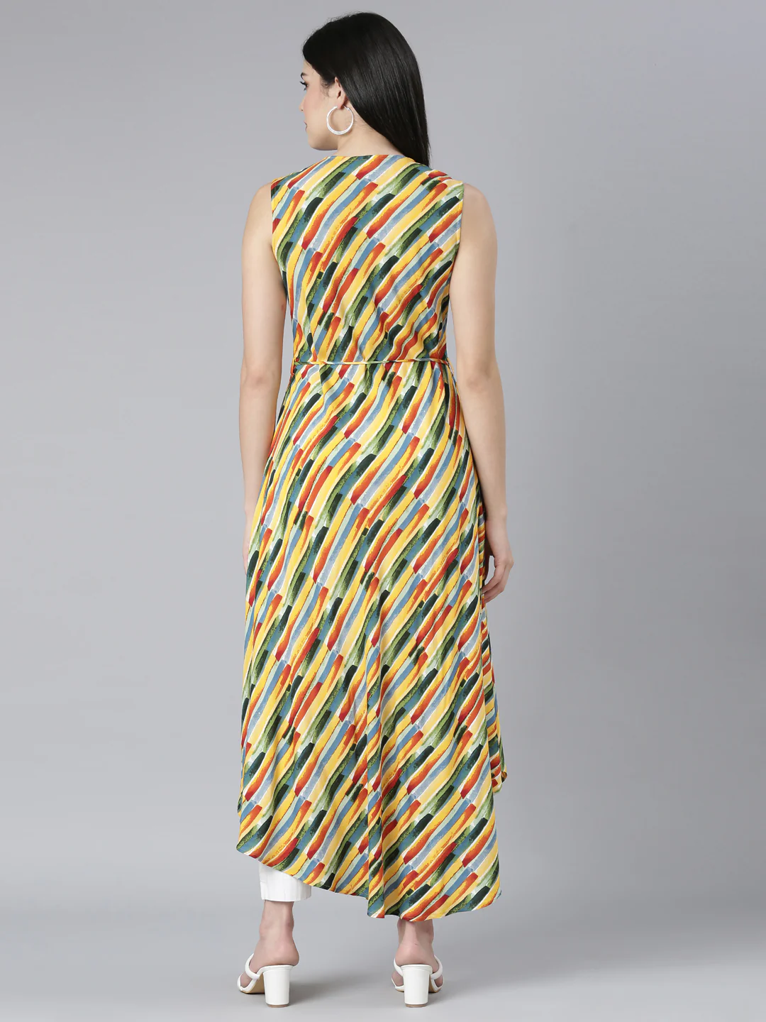 Neerus Yellow High-Low Casual Striped Fit and Flare Dresses - Image 3