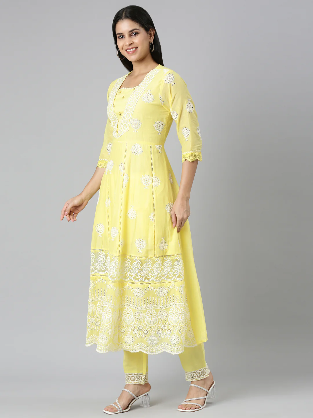 Neerus Yellow Panelled Scalloped Kurta and Trousers With Dupatta - Image 2