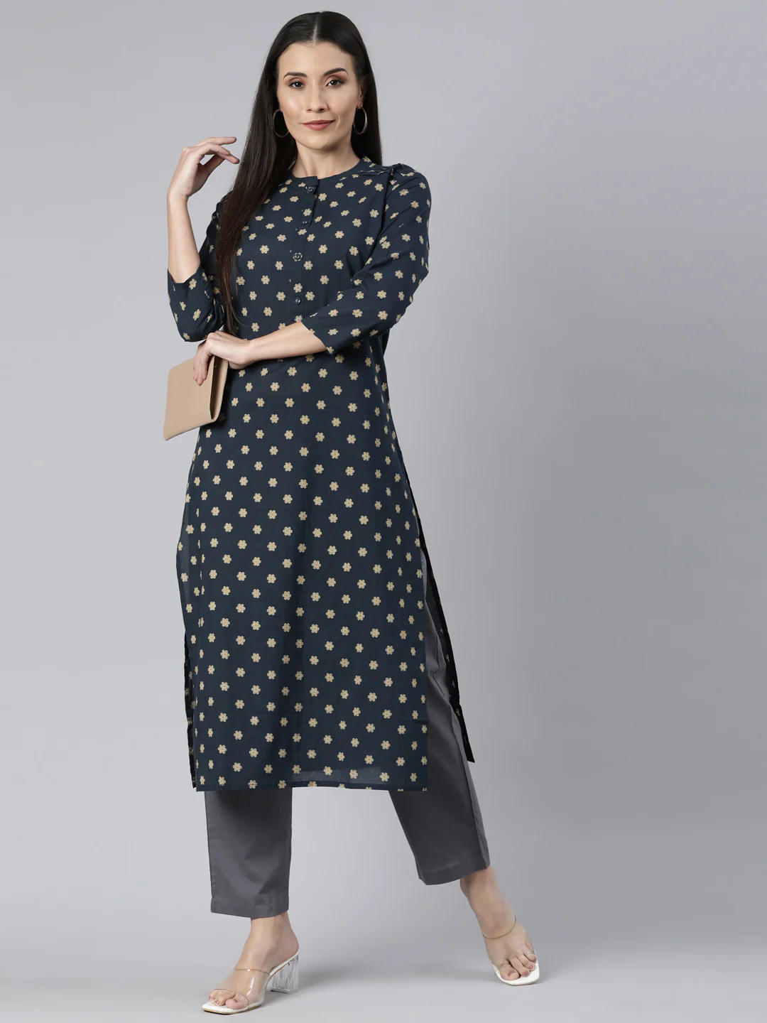 Neerus Yellow Panelled Straight Floral Kurta - Image 4