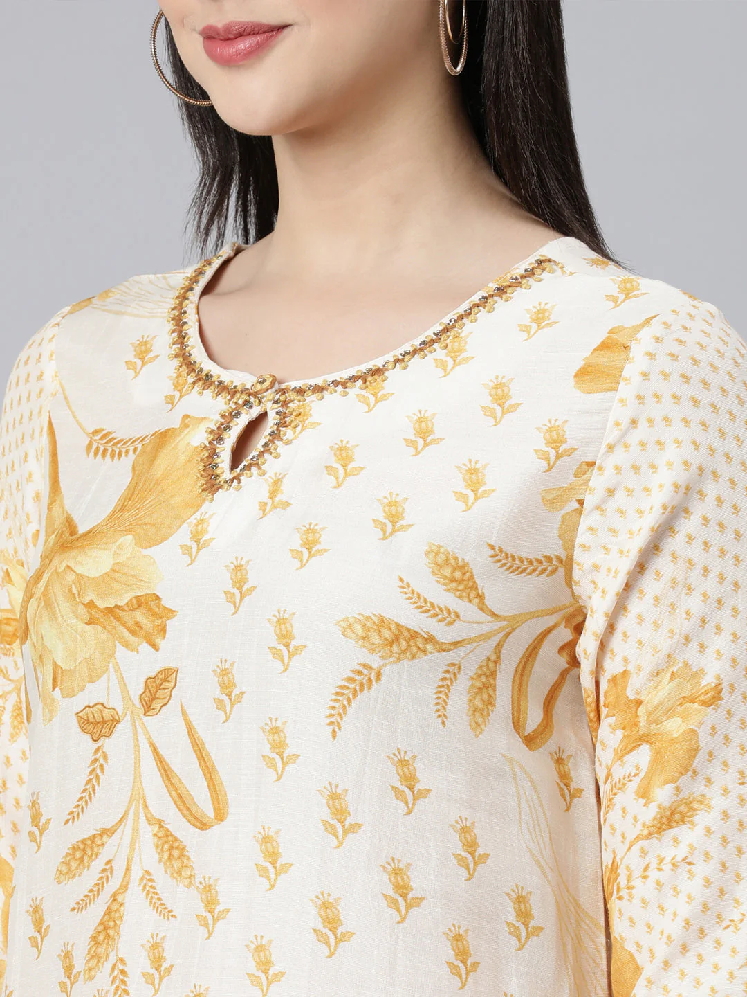 Neerus Yellow Panelled Straight Printed Kurta And Trousers With Dupatta - Image 5