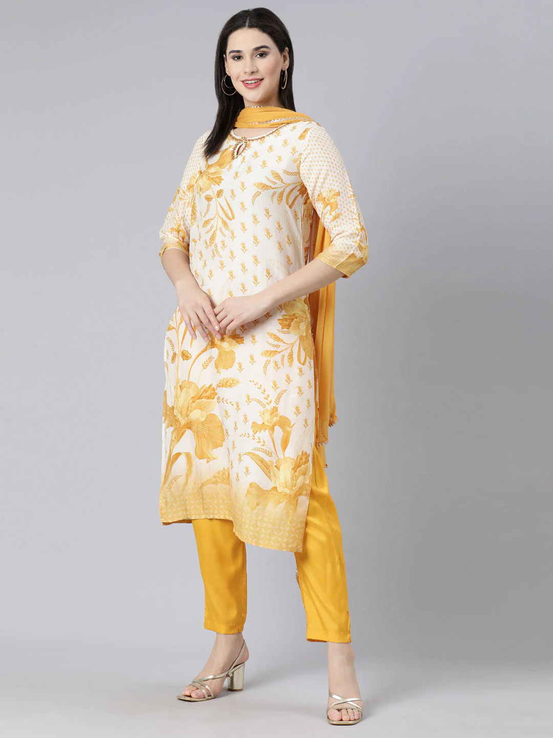 Neerus Yellow Panelled Straight Printed Kurta And Trousers With Dupatta - Image 6