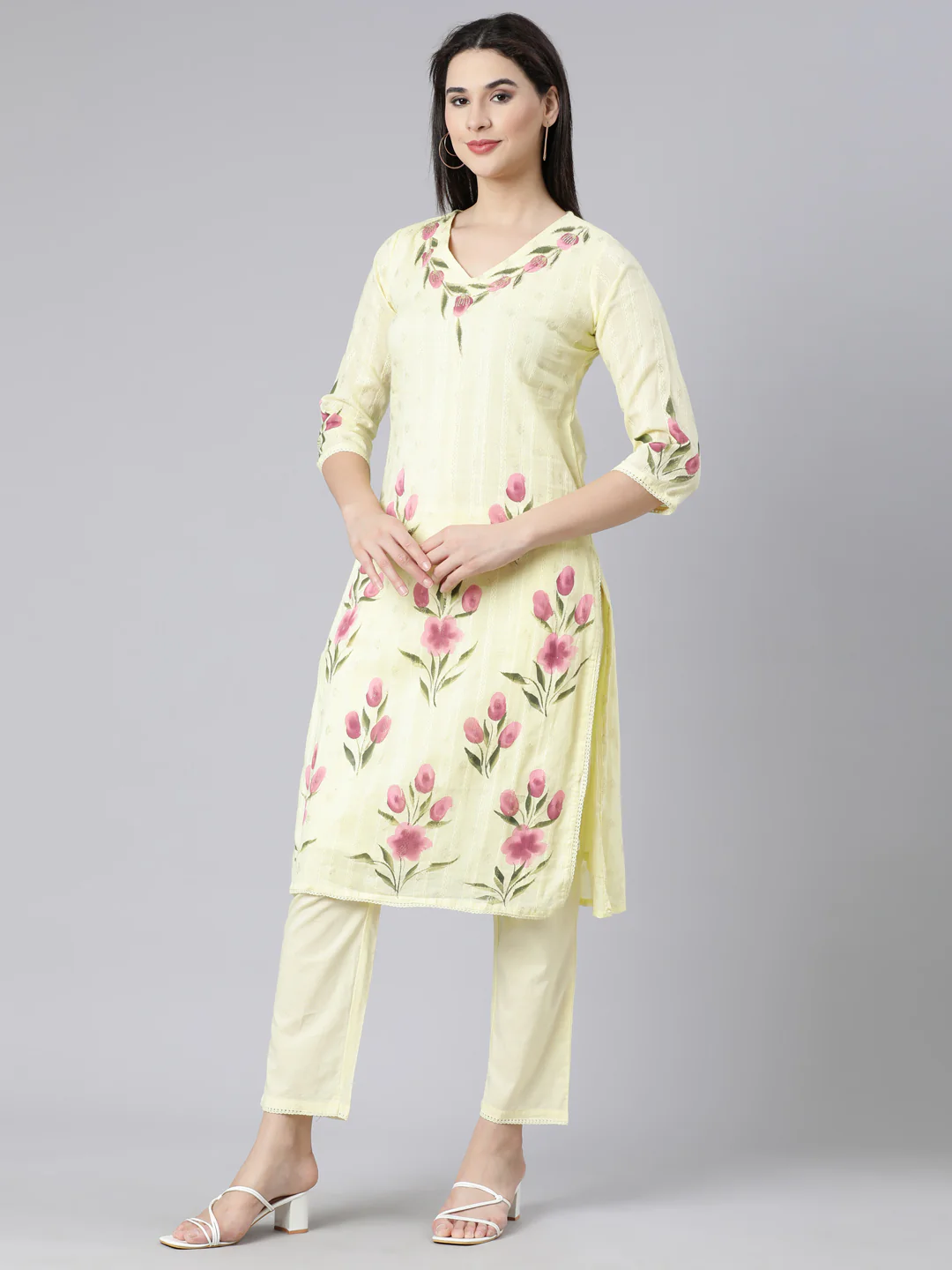 Neerus Yellow Panelled Straight Printed Kurta And Trousers With Dupatta - Image 2
