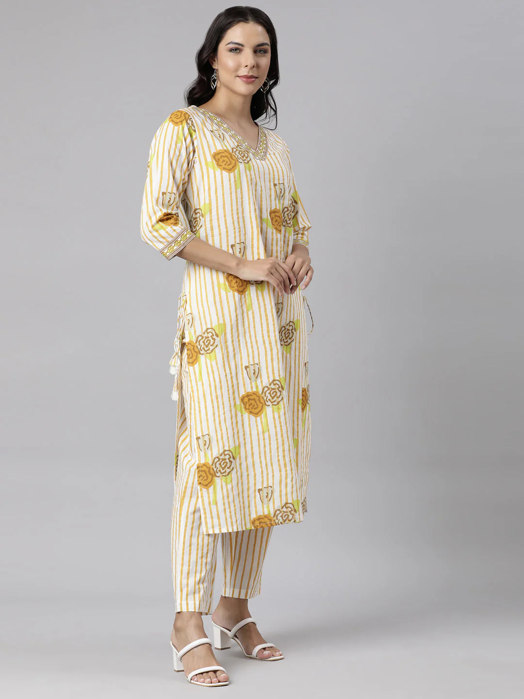 Neerus Yellow Panelled Straight Printed Kurta And Trousers With Dupatta - Image 3
